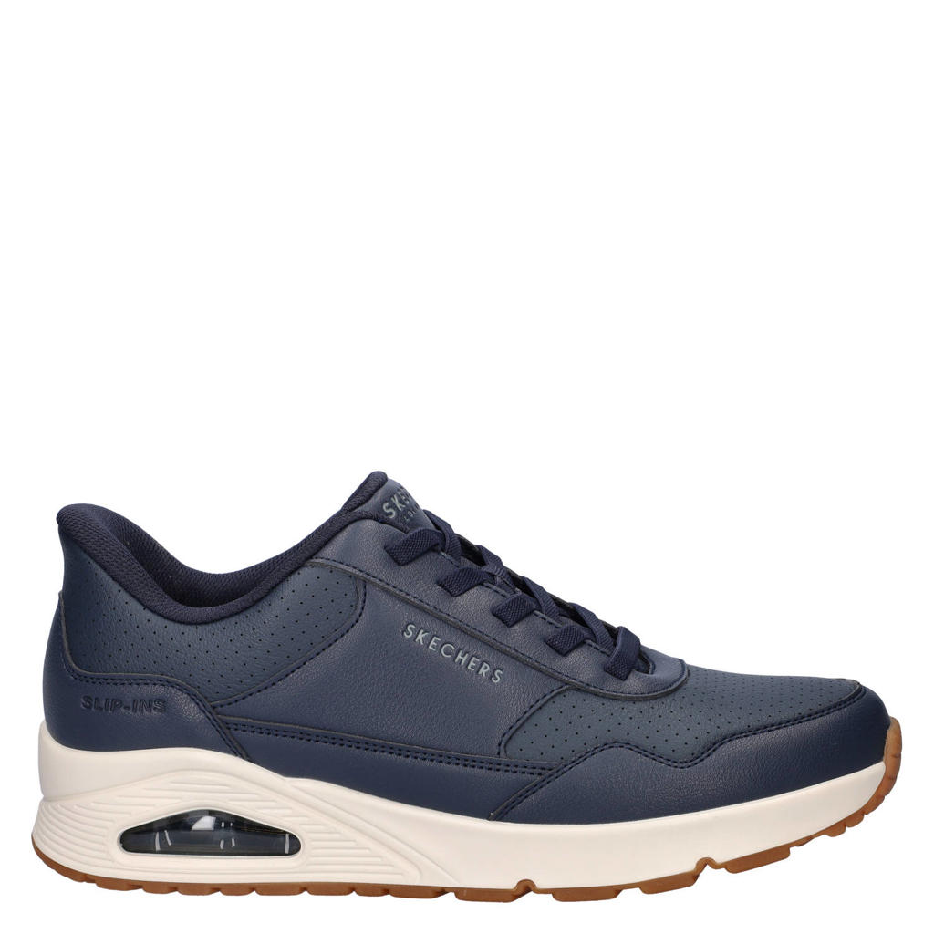 Donkerblauwe heren Skechers Hands Free Slip-Ins Uno imitatieleren sneakers met logo -