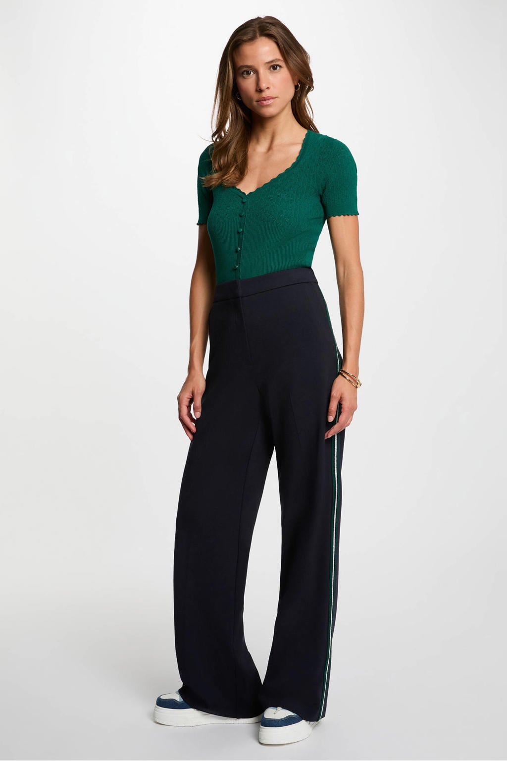 Donkerblauw en witte dames Morgan wide leg casual broek van viscose met high waist en effen