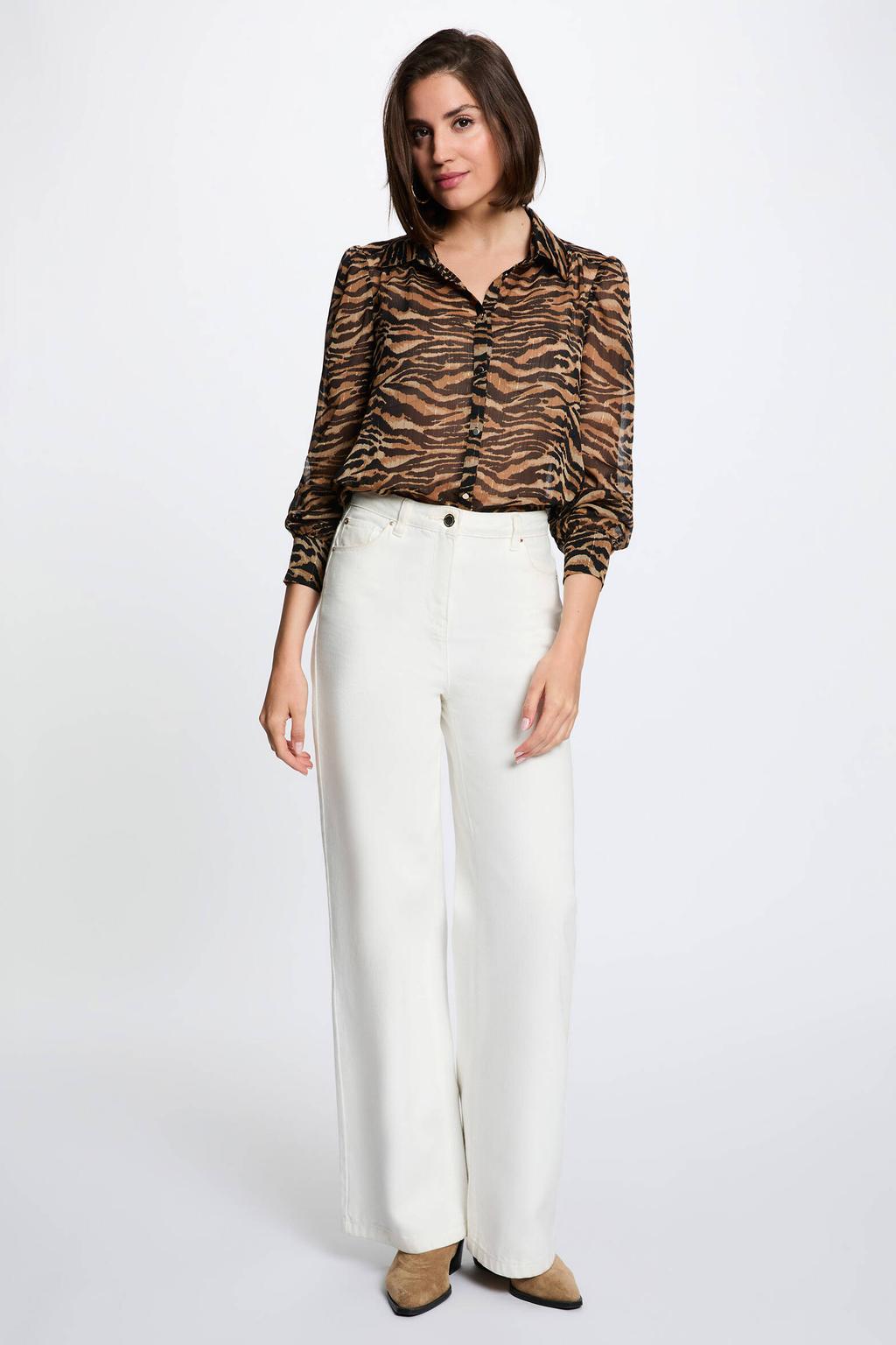 Zwart en oranje dames Morgan blouse van polyester met zebraprint, lange mouwen, klassieke kraag en knoopsluiting