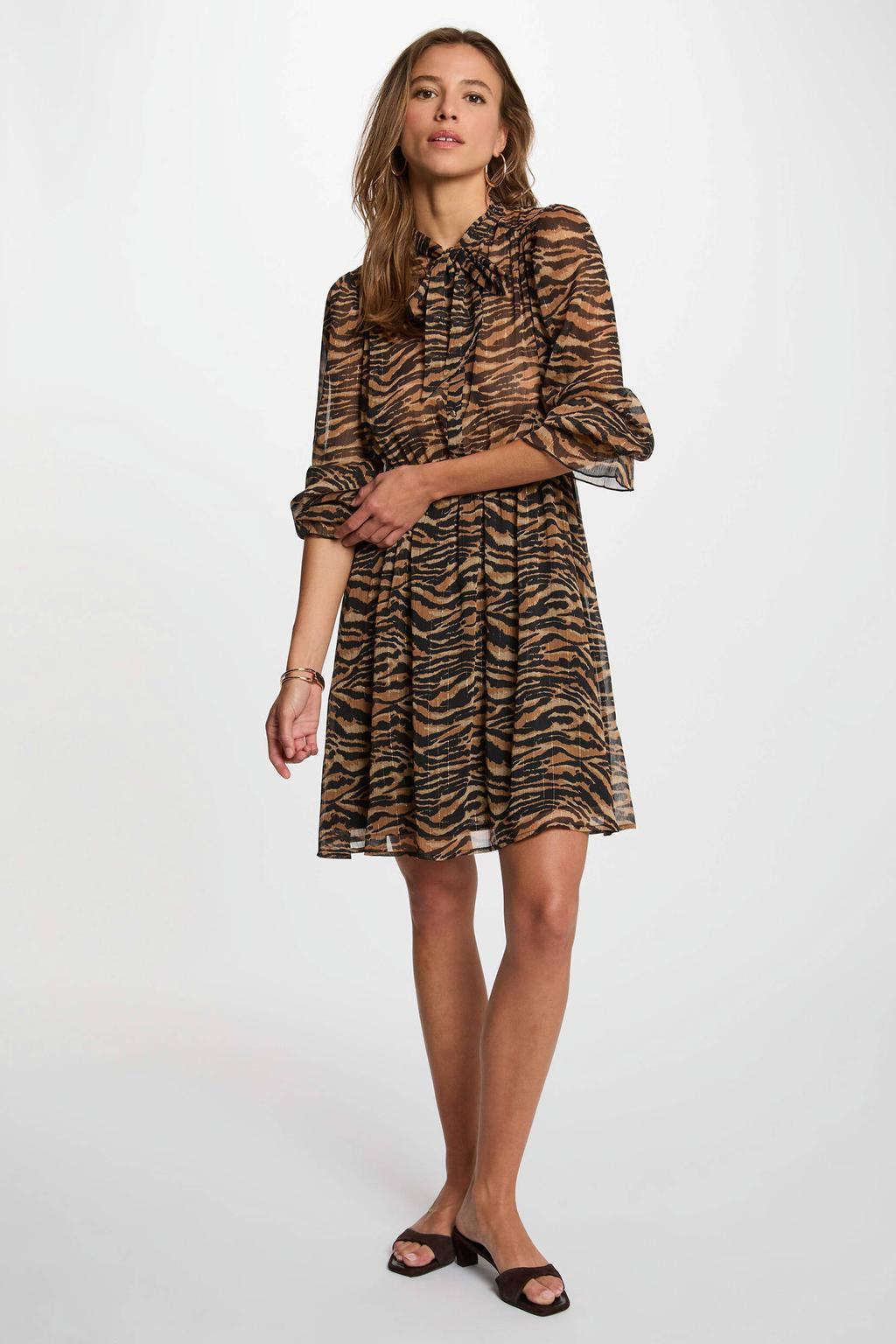Bruin en zwarte dames Morgan mini jurk van polyester met zebraprint, lange mouwen, strikkraag en knoopsluiting