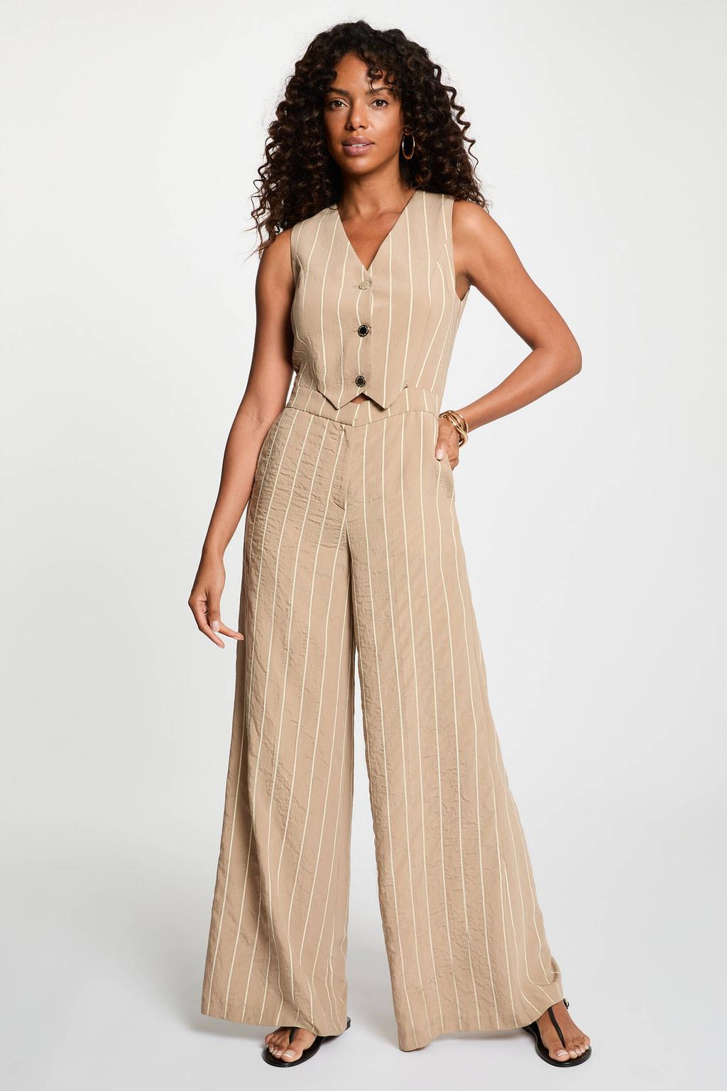 Taupe en witte dames Morgan modaal gestreepte jumpsuit met V-hals en knoopsluiting