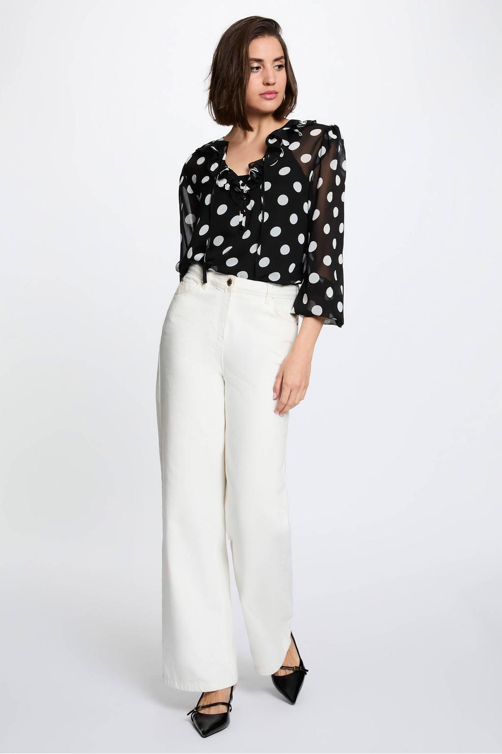 Zwart en witte dames Morgan semi-transparante top van polyester met stippenprint, lange mouwen en strikkraag