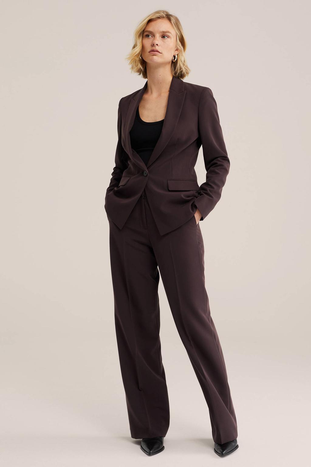 Zwarte dames WE Fashion getailleerde blazer van polyester met effen, lange mouwen, reverskraag, knoopsluiting en geweven detail