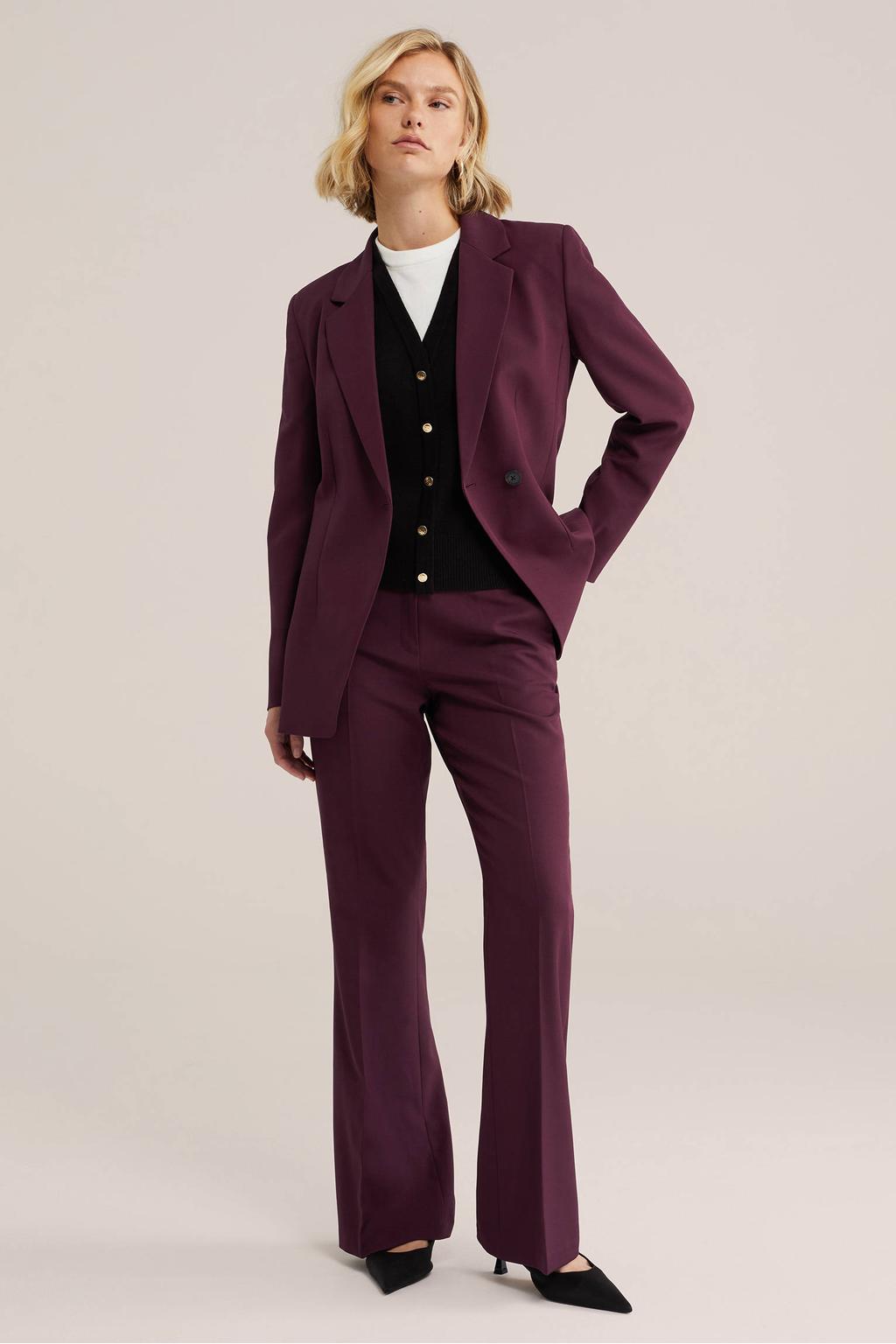 Donkerpaarse dames WE Fashion flared broek van polyester met regular waist, rits, haak- en knoopsluiting en effen