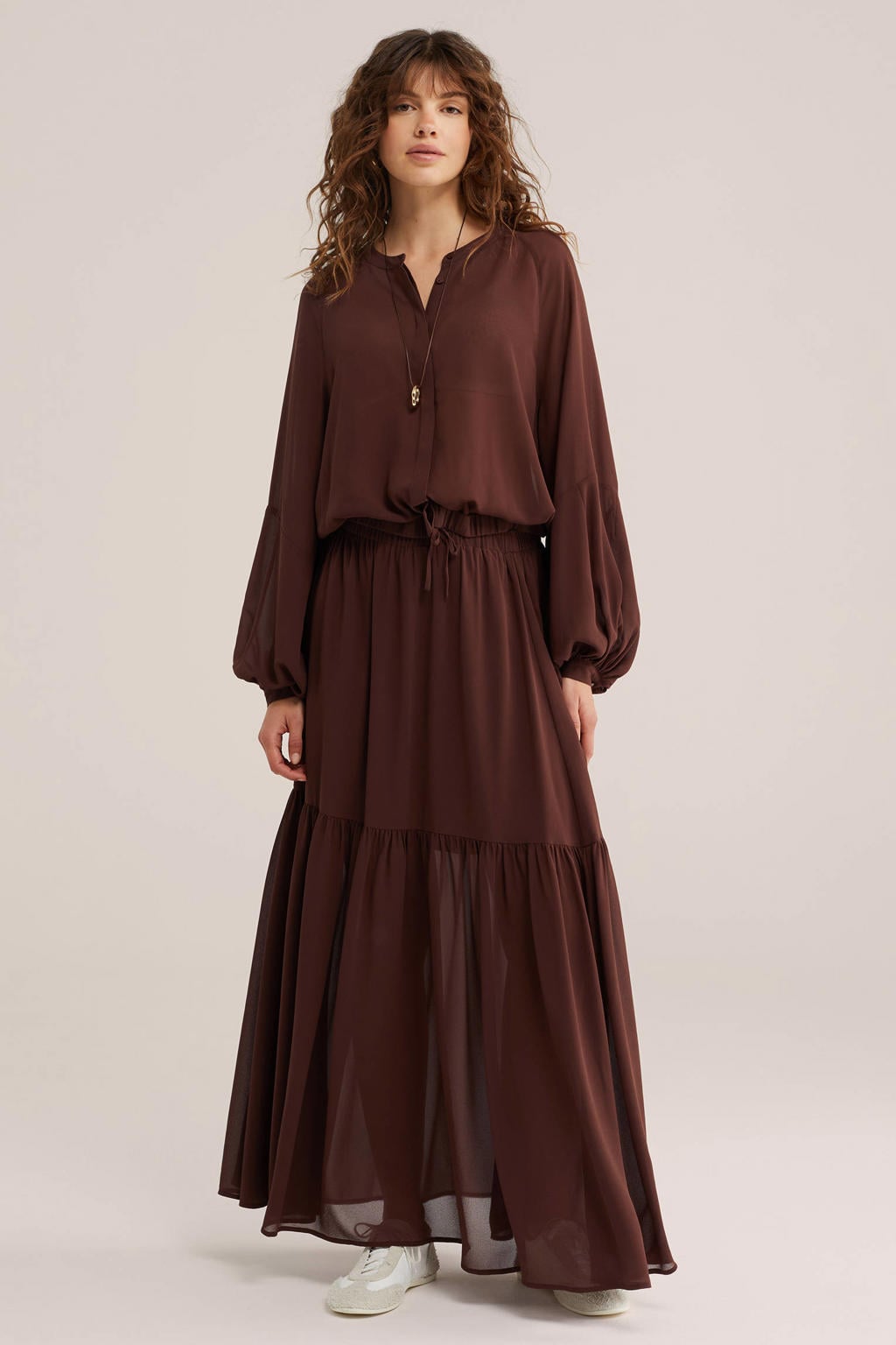 Bruine dames WE Fashion blouse van polyester met effen, lange mouwen, ronde hals en knoopsluiting