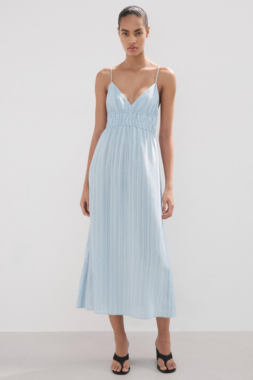Lichtblauwe dames Mango midi zomerjurk van viscose met krijtstreepprint en V-hals