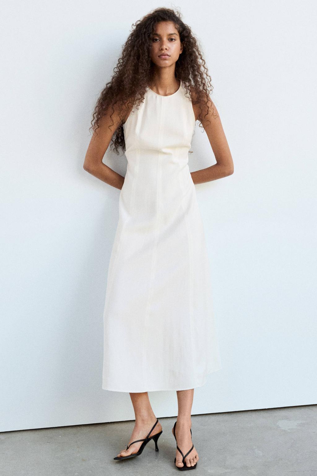 Beige dames Mango midi zomerjurk van viscose met effen, ronde hals en knoopsluiting