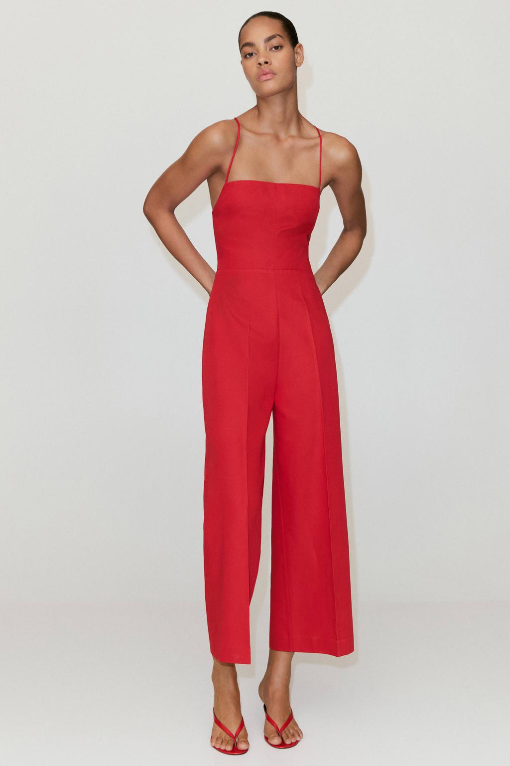 Mango jumpsuit met open rug en linnen - rood