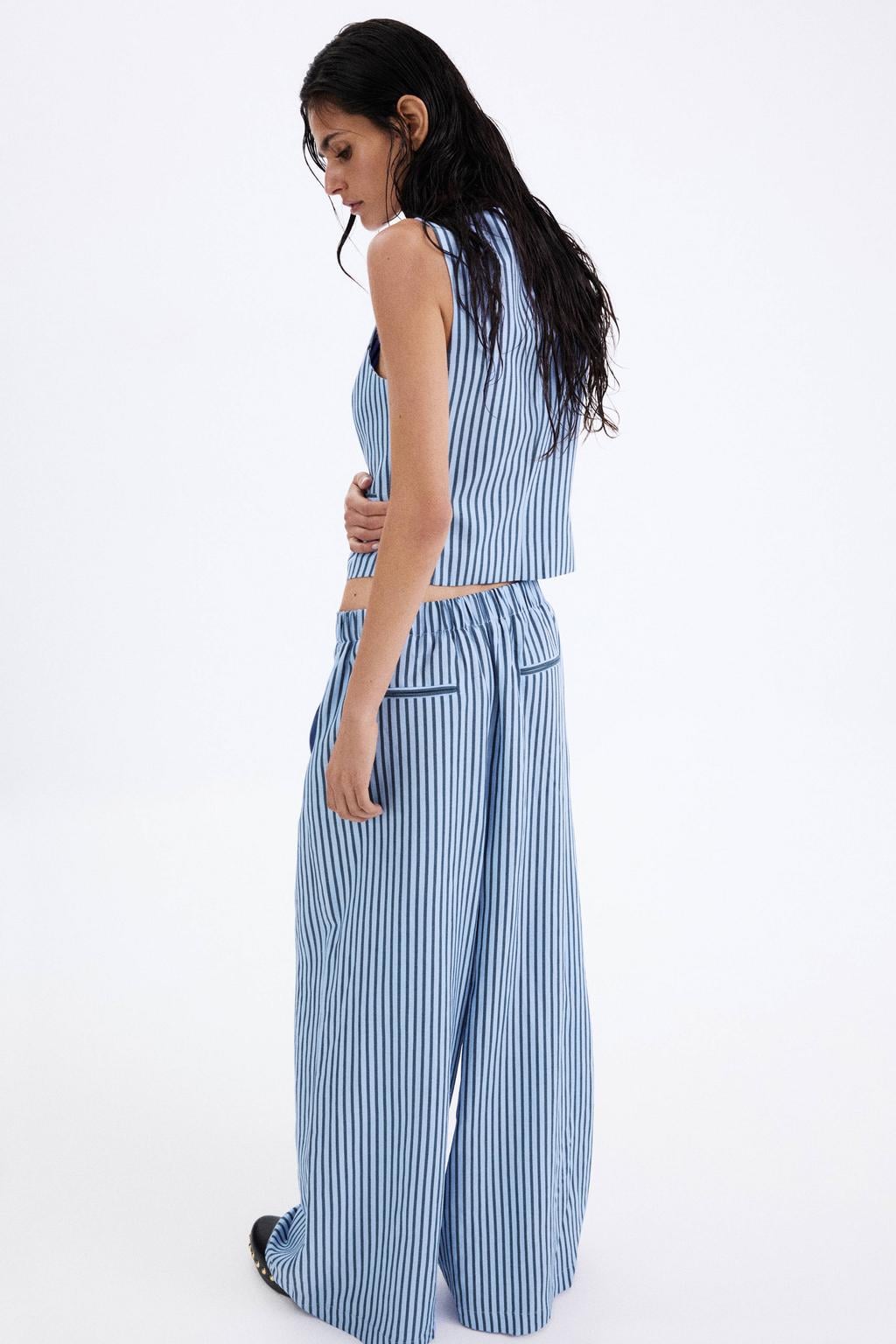 Blauwe dames Mango wide leg gestreepte broek van viscose met rits- en knoopsluiting