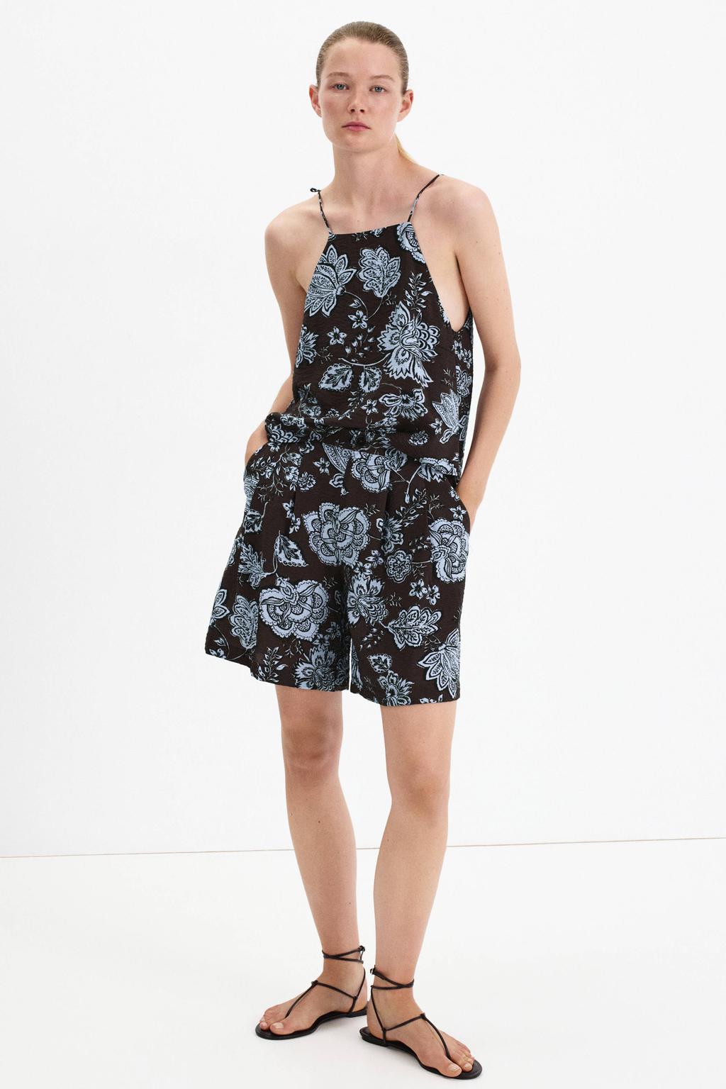 Bruin en blauwe dames Mango straight leg casual gebloemde short van viscose met rits- en knoopsluiting