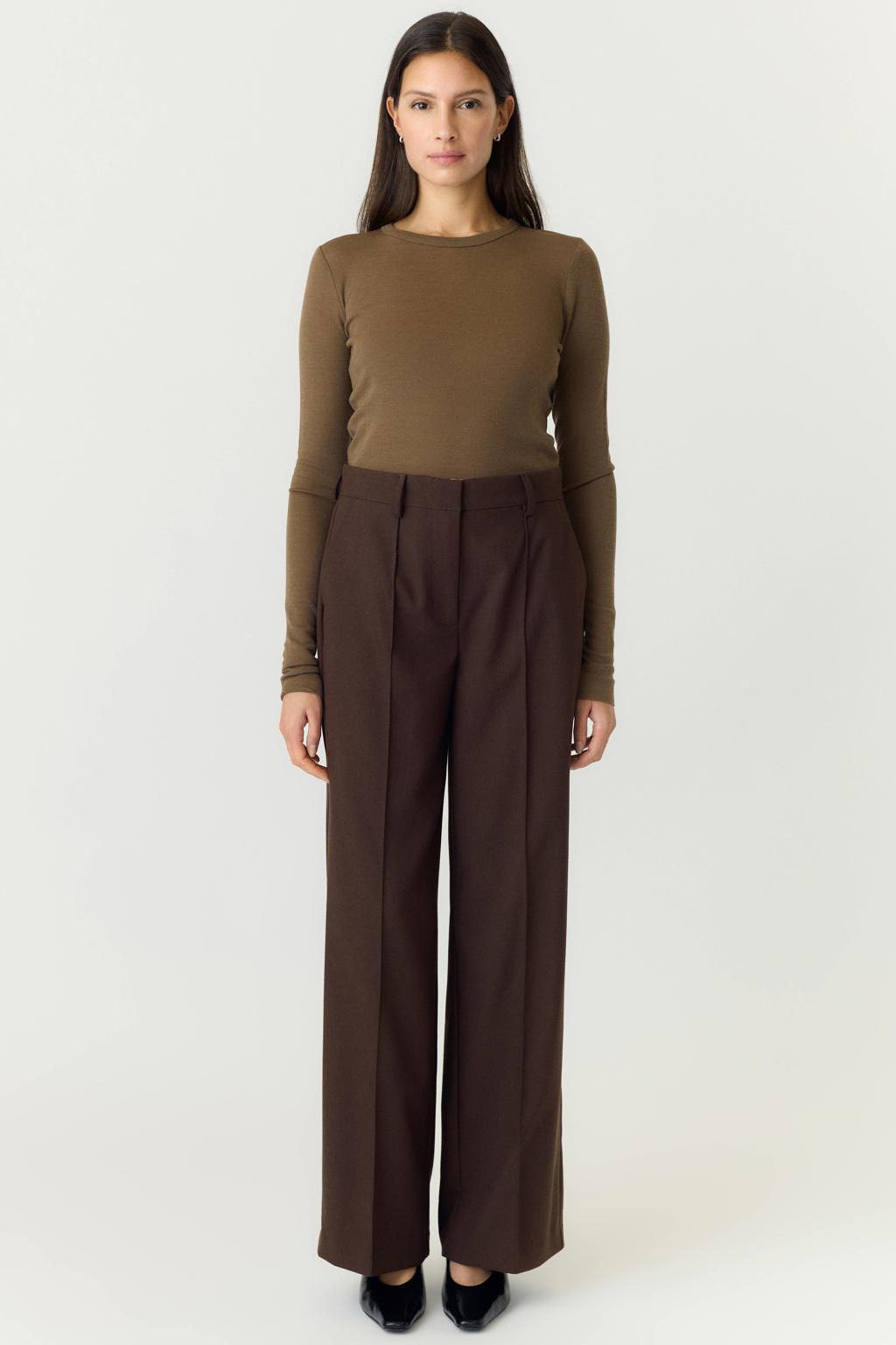 YAS wide leg pantalon met linnen - donkerbruin