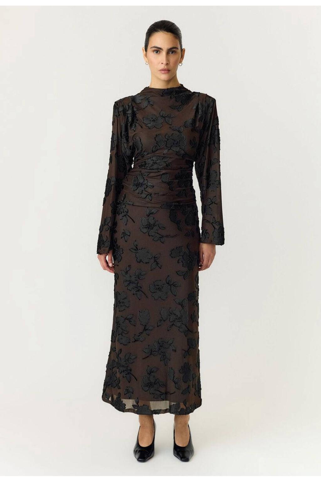 Donkerblauwe dames YAS top van polyester met effen, lange mouwen, watervalhals en borduursels
