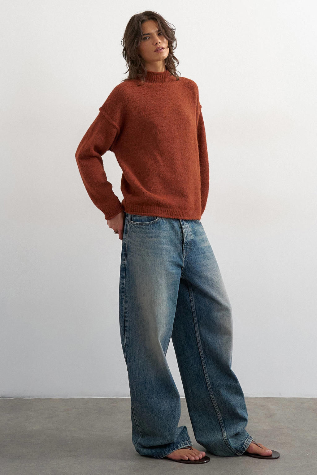 Bruine dames TOPSHOP gebreide trui van polyester met effen, lange mouwen en ronde hals
