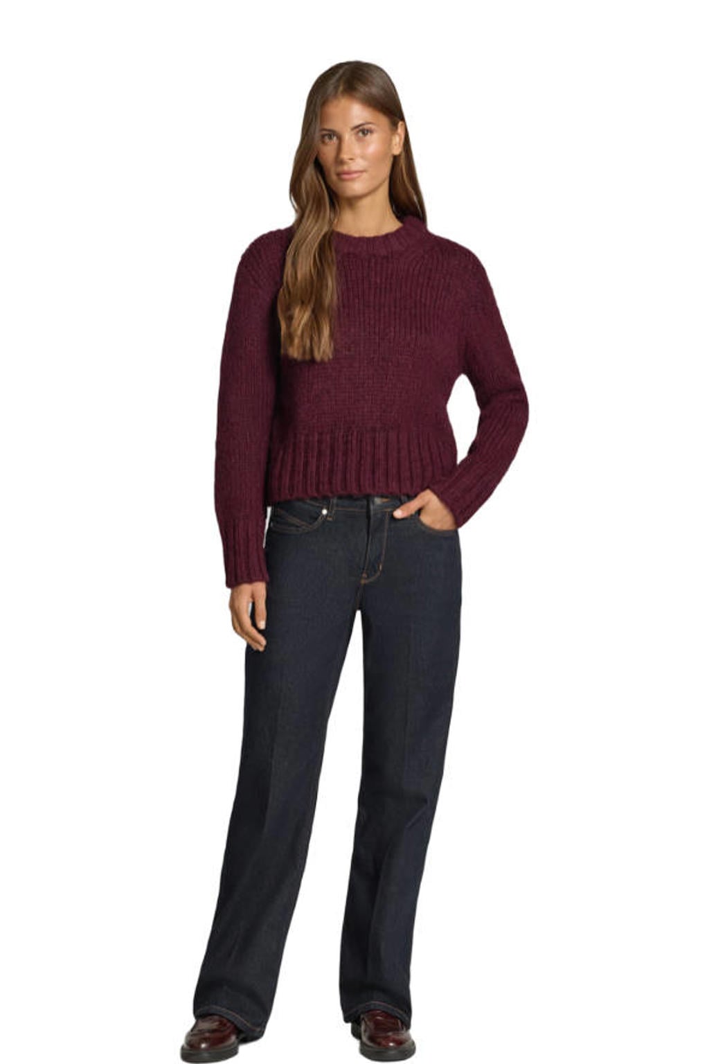 Donkerrode dames TOPSHOP wollen gebreide trui met effen, lange mouwen en ronde hals