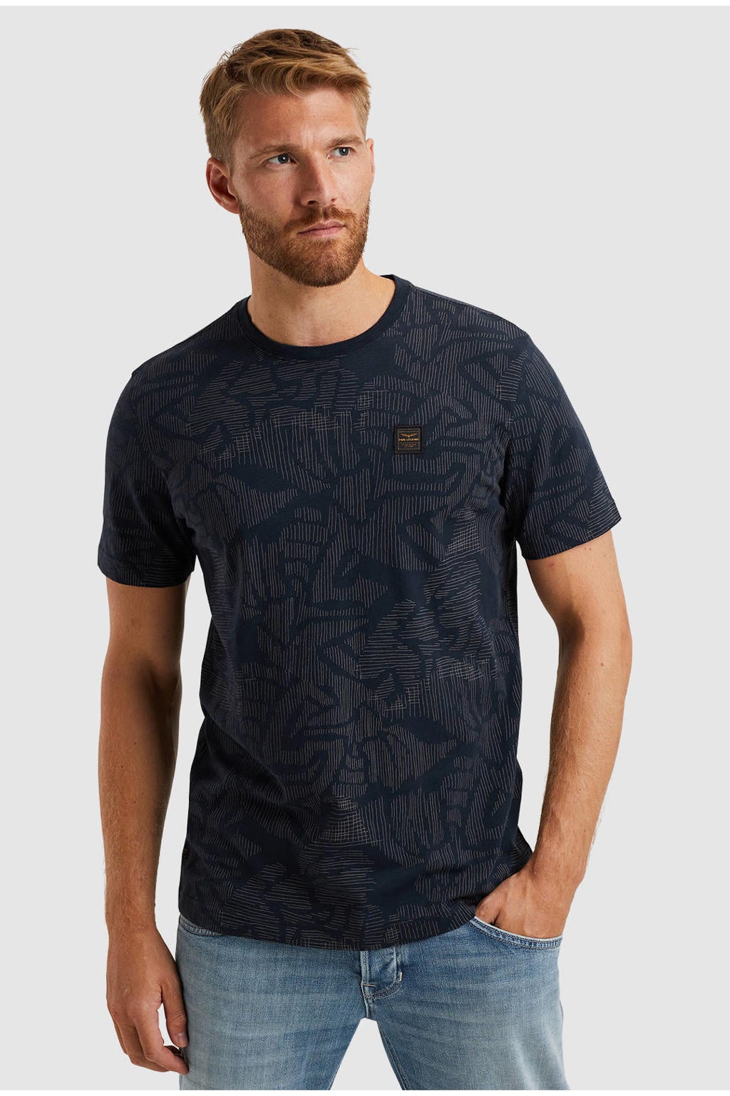 Donkerblauwe heren PME Legend regular fit T-shirt van katoen met korte mouwen en ronde hals
