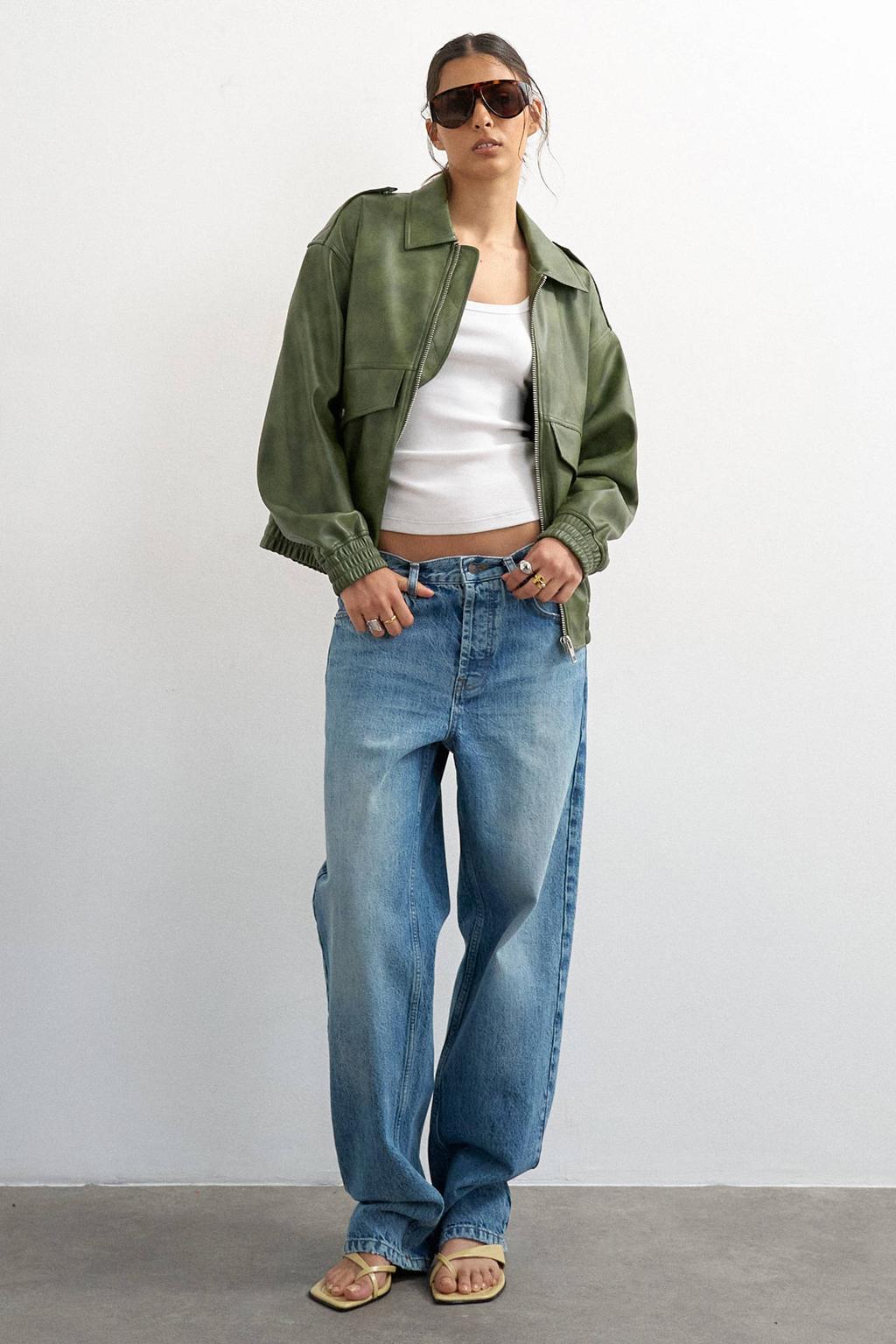 Groene dames TOPSHOP imitatieleren bomberjack met lange mouwen en klassieke kraag