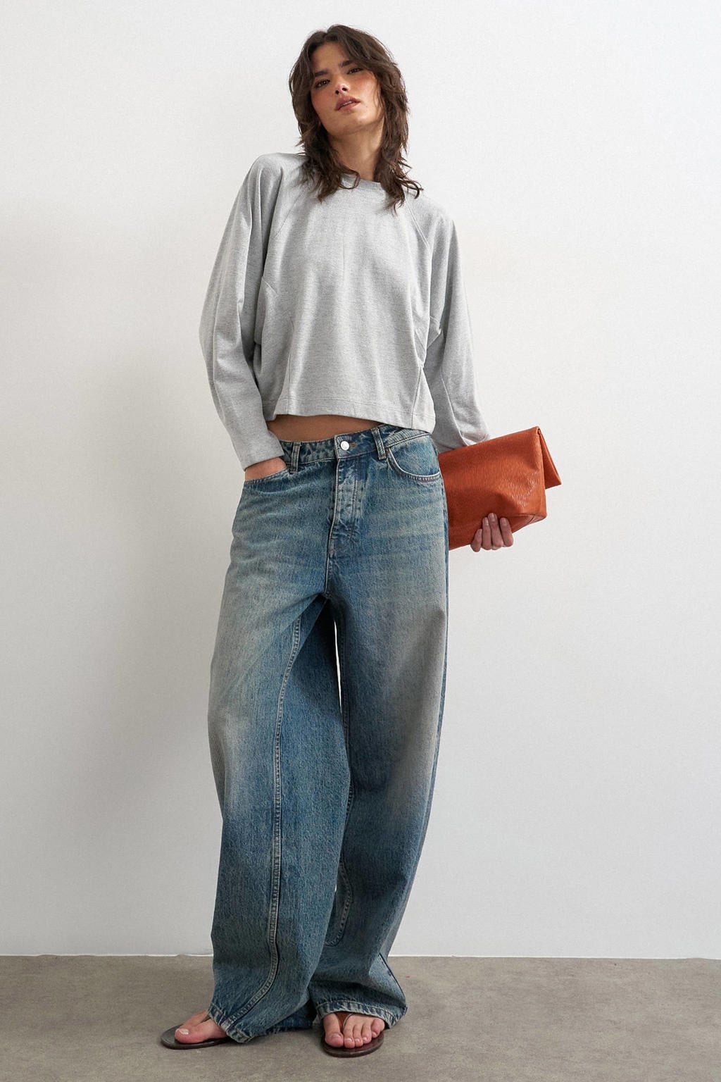 Grijs melange dames TOPSHOP top met effen, lange mouwen en ronde hals