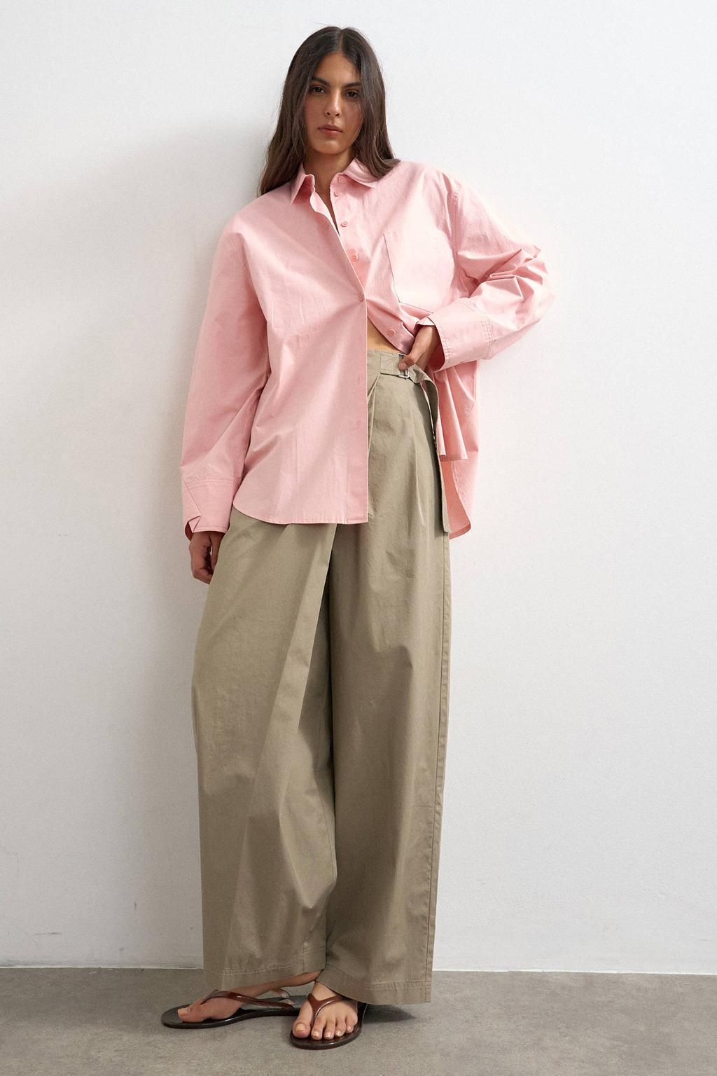 Beige dames TOPSHOP high waist wide leg casual broek van katoen met gesp en effen