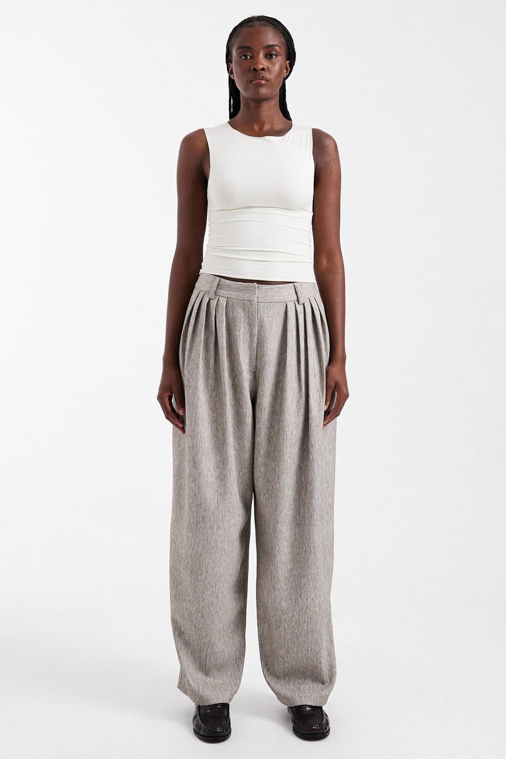 Grijs melange dames TOPSHOP wide leg casual broek met high waist, rits, haak- en knoopsluiting en effen