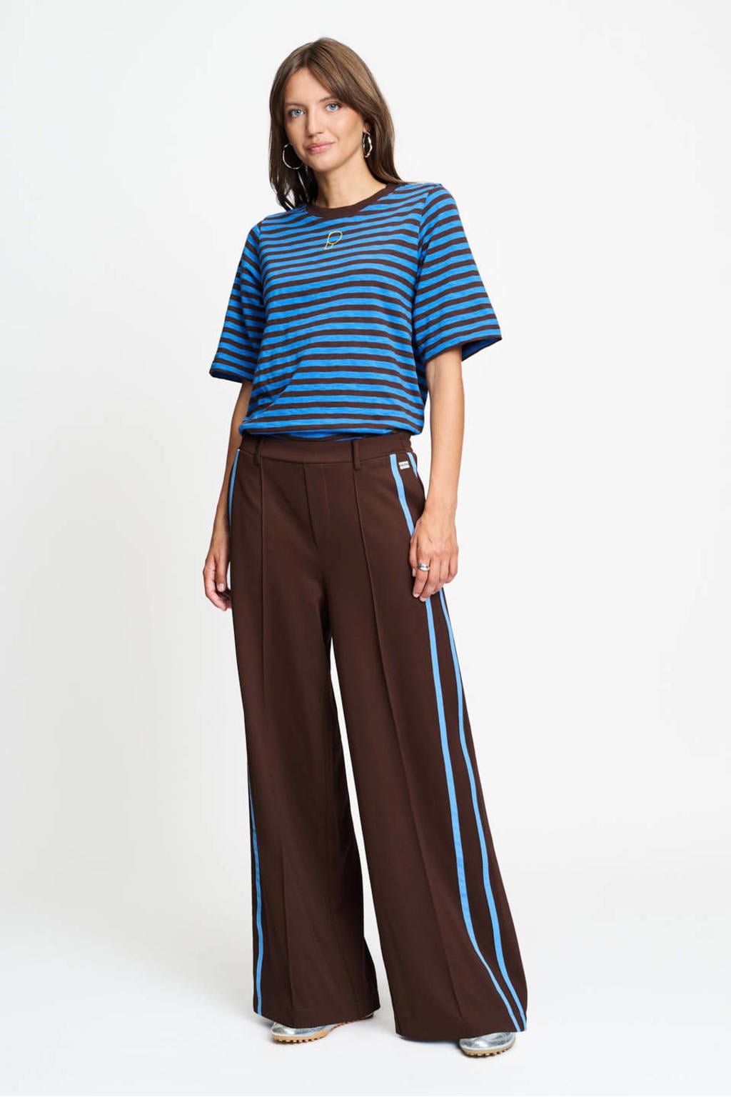 POM Amsterdam wide leg gestreepte broek - bruin/blauw