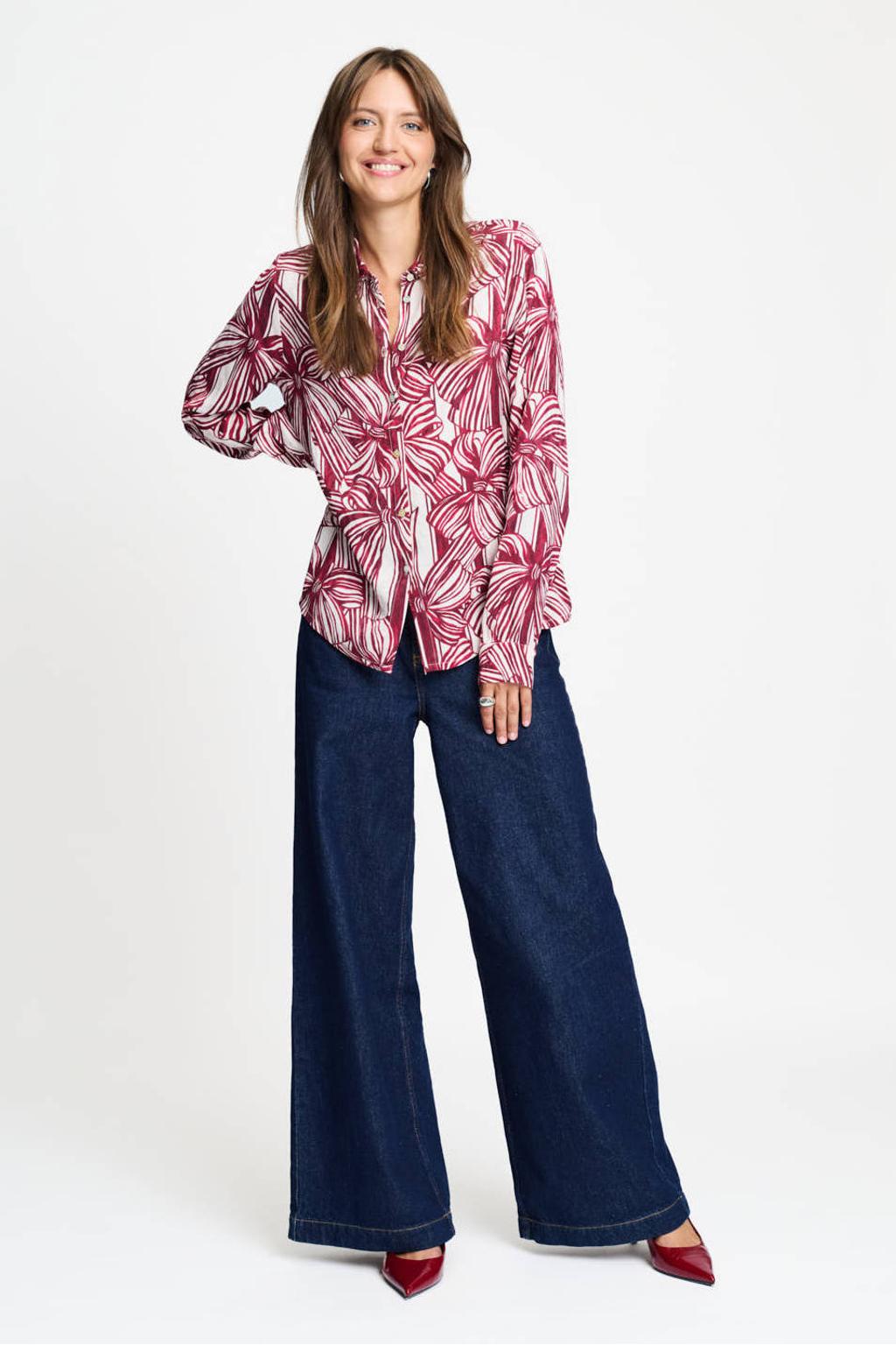 Rood en ecru dames POM Amsterdam blouse van viscose met lange mouwen, klassieke kraag en knoopsluiting