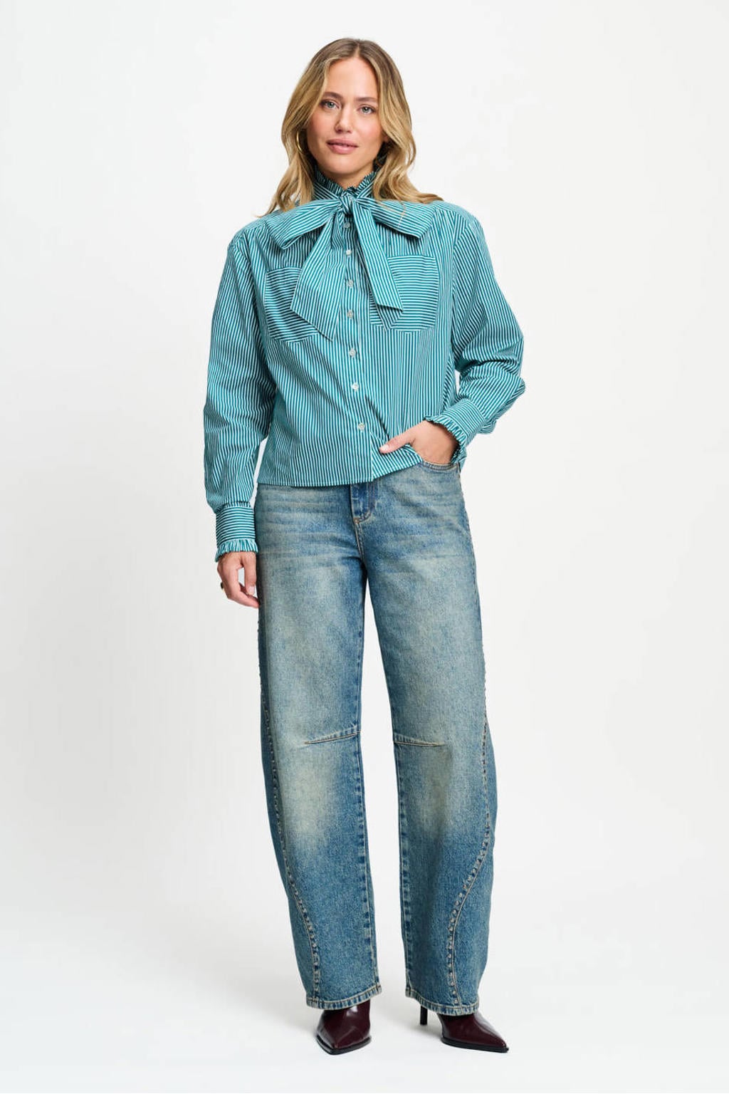 POM Amsterdam gestreepte blouse met ruches - groen