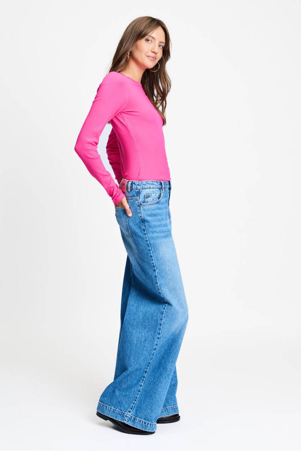 Fuchsia dames POM Amsterdam gebreide top van viscose met effen, lange mouwen en ronde hals
