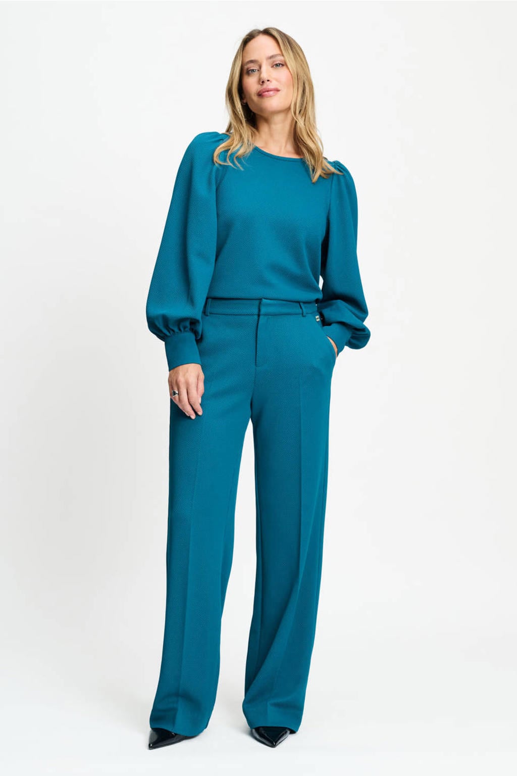 POM Amsterdam wide leg piqué broek - petrol