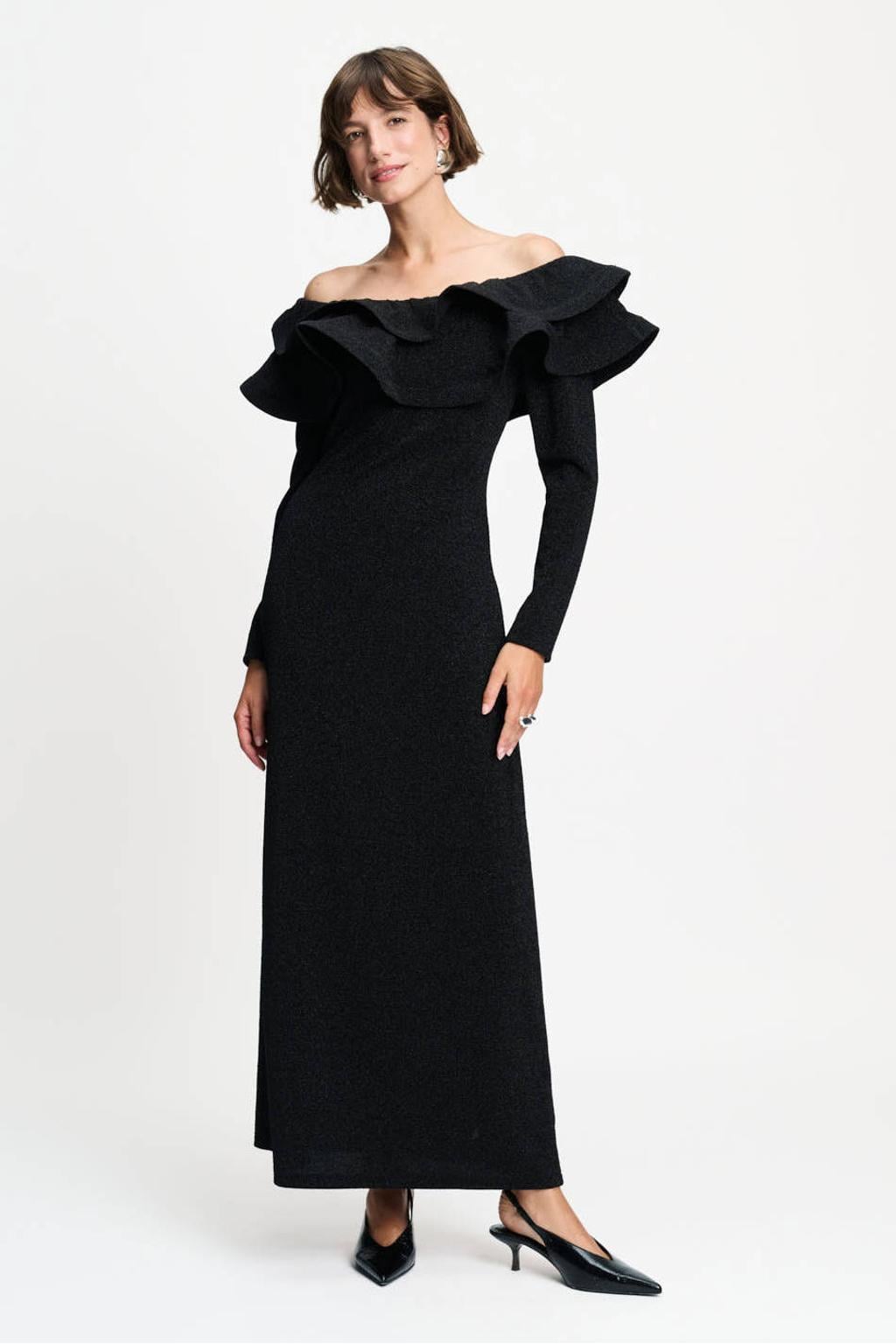 POM Amsterdam off shoulder maxi jurk met glitters - zwart