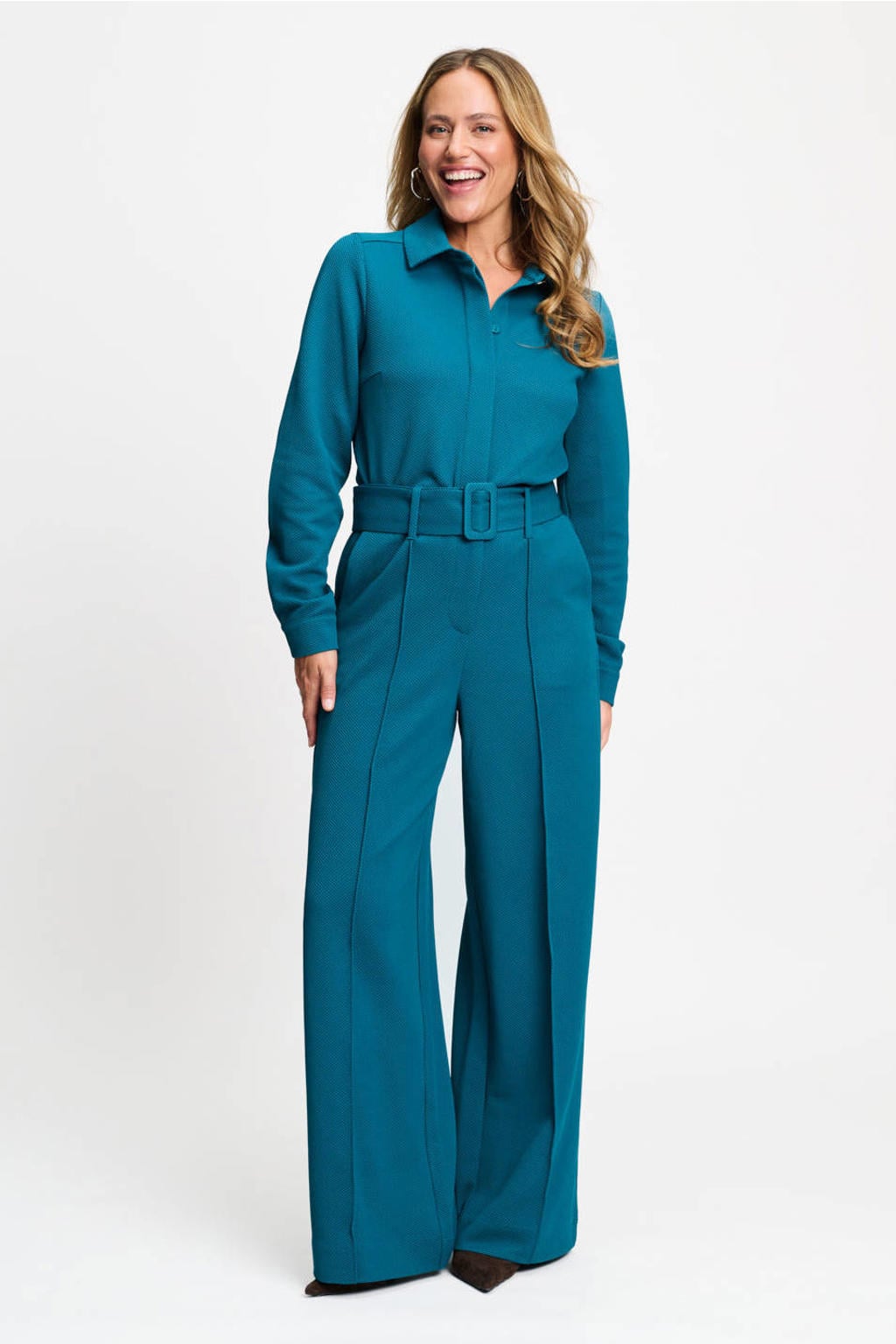 POM Amsterdam jumpsuit met ballonmouwen en ceintuur - petrol