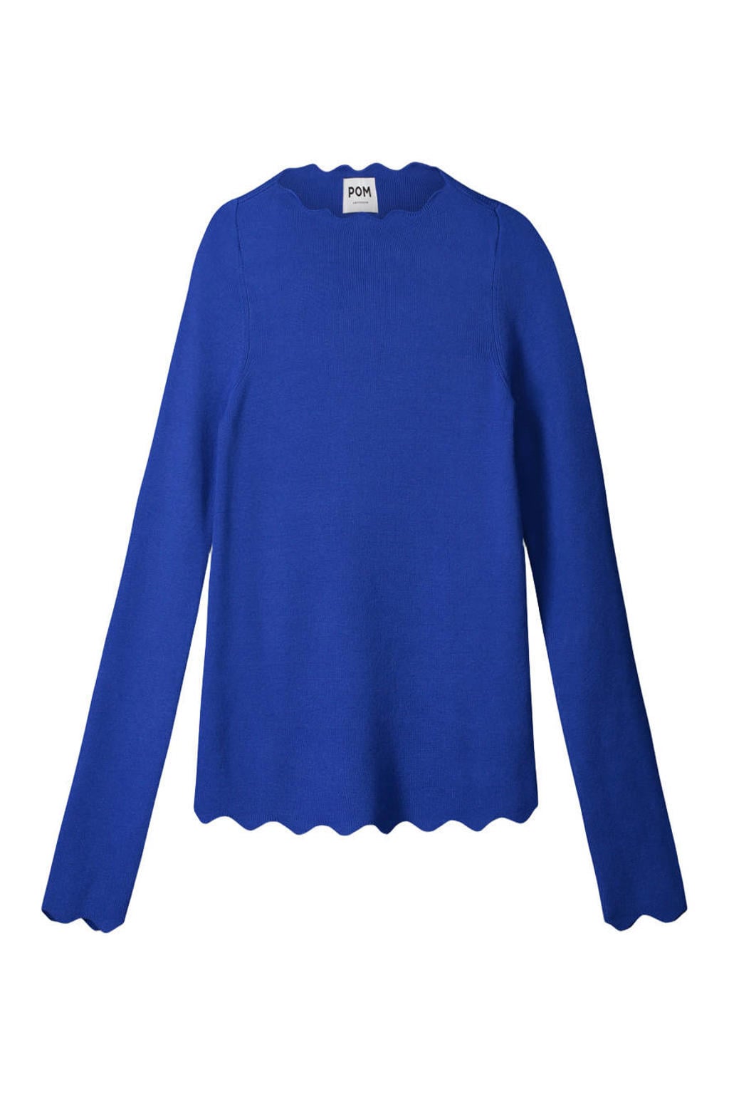 Donkerblauwe dames POM Amsterdam top van viscose met effen, lange mouwen, ronde hals en golvende afwerking