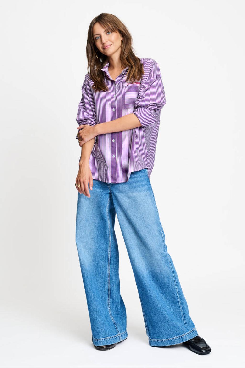 Paars en ecru dames POM Amsterdam gestreepte blouse van katoen met lange mouwen, klassieke kraag en knoopsluiting