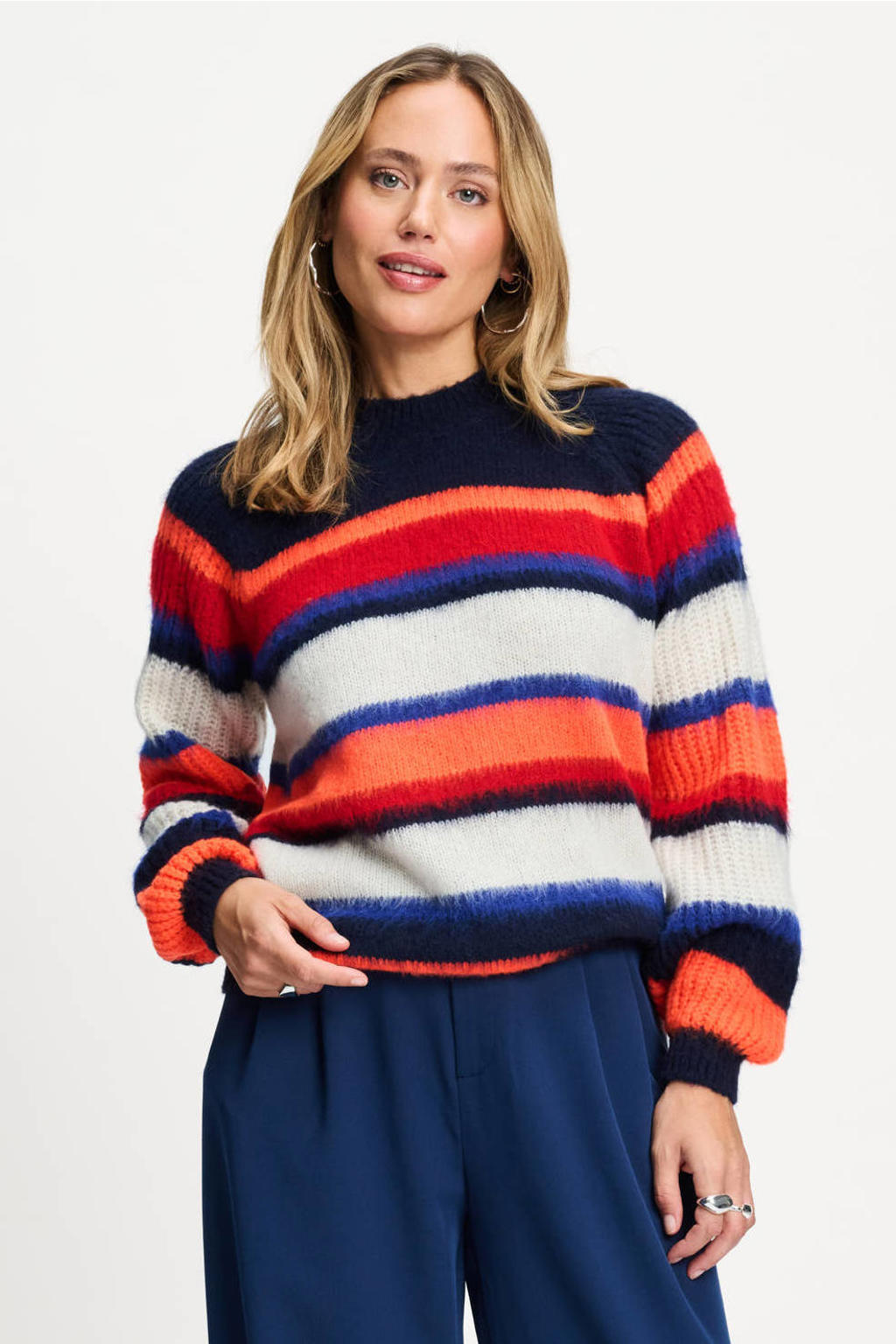 Multikleurige dames POM Amsterdam gebreide gestreepte trui meerkleurig van acryl met lange mouwen en ronde hals