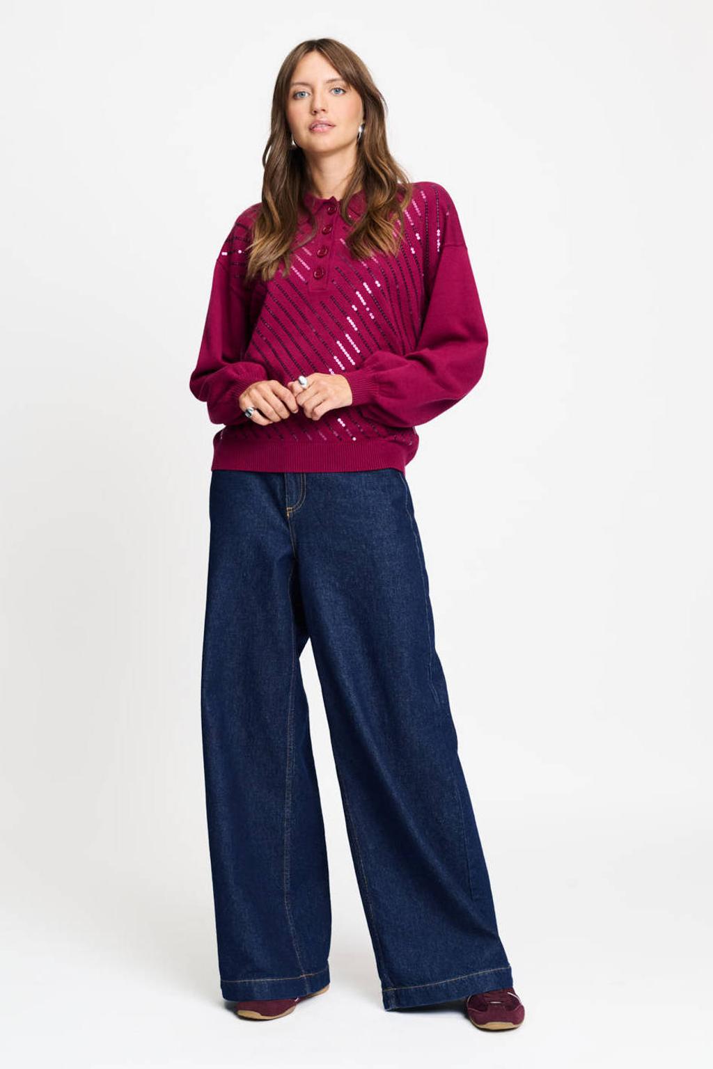 Donkerrode dames POM Amsterdam sweater van viscose met effen, lange mouwen, polo kraag en geribde boorden