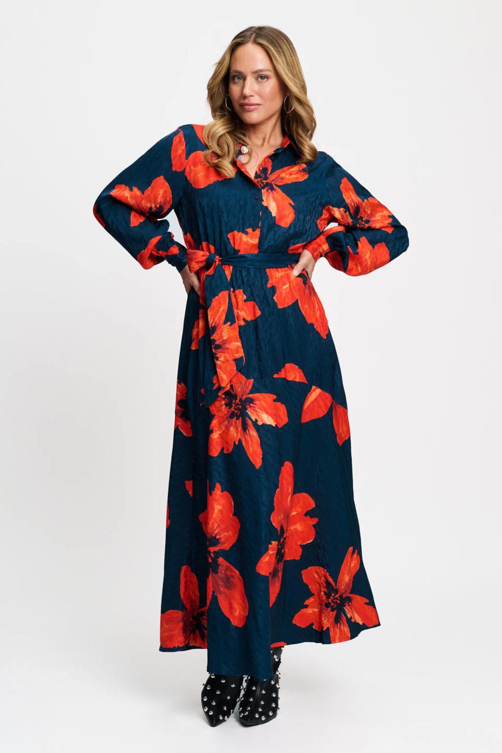 POM Amsterdam gebloemde maxi jurk met ceintuur - donkerblauw/rood