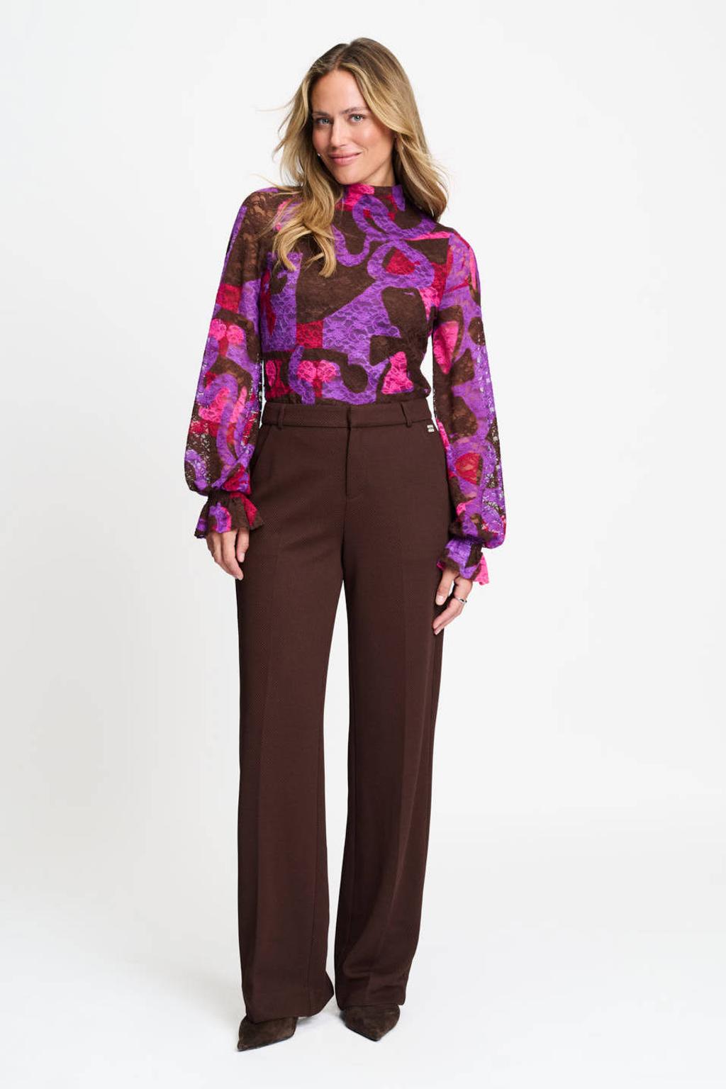 Bruine dames POM Amsterdam straight leg pantalon met rits- en knoopsluiting en effen