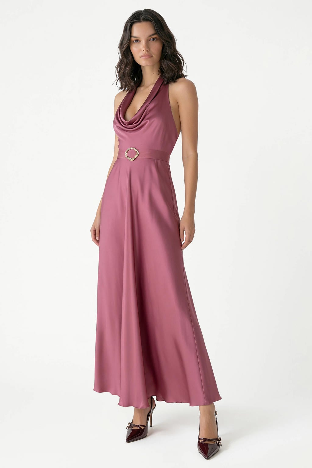 Oudroze dames Rinascimento maxi jurk van polyester met effen en openvallende hals