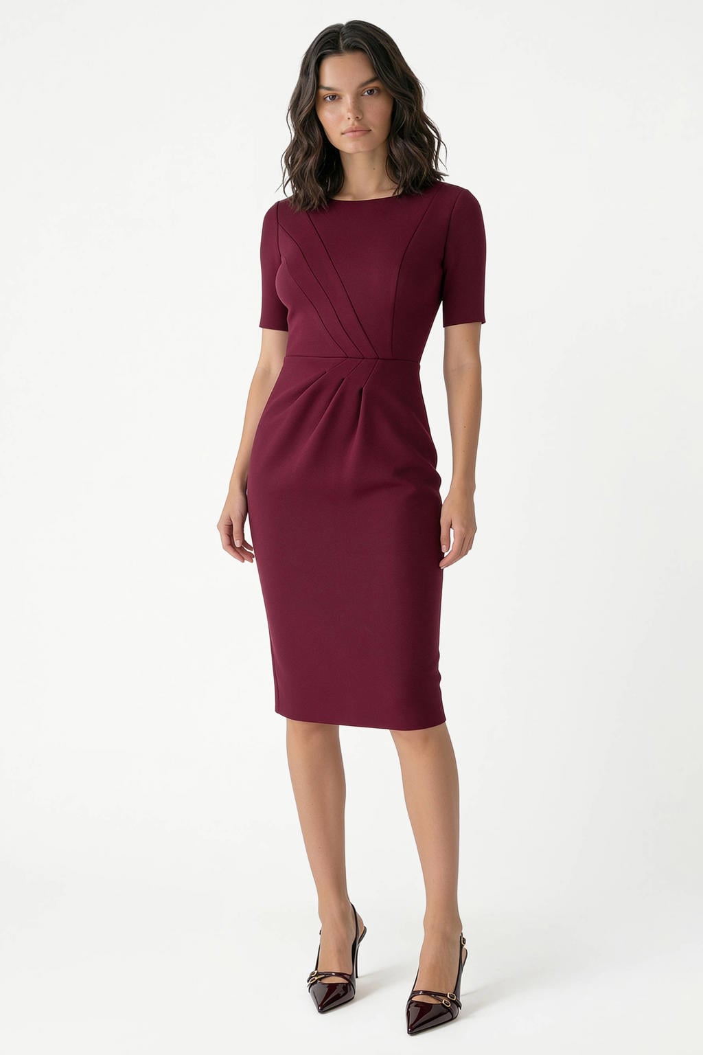 Donkerrode dames Rinascimento midi jurk van polyester met effen, korte mouwen, ronde hals en ritssluiting