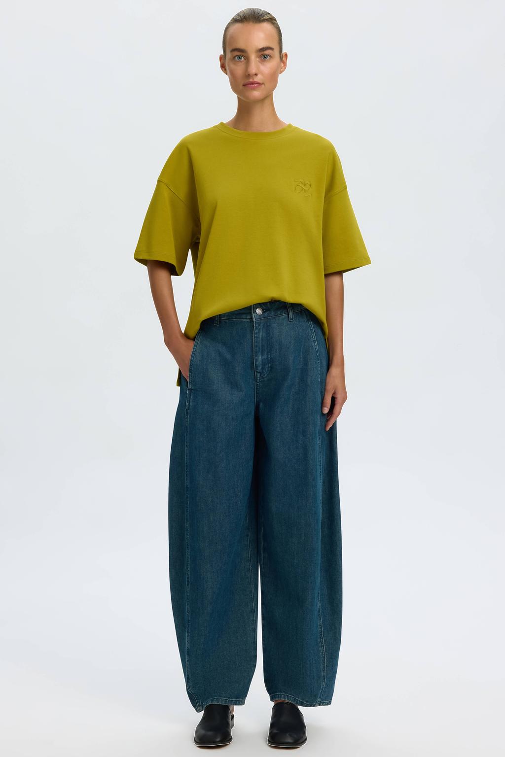 Groene dames Selected Women T-shirt van katoen met effen, korte mouwen, ronde hals en borduursels