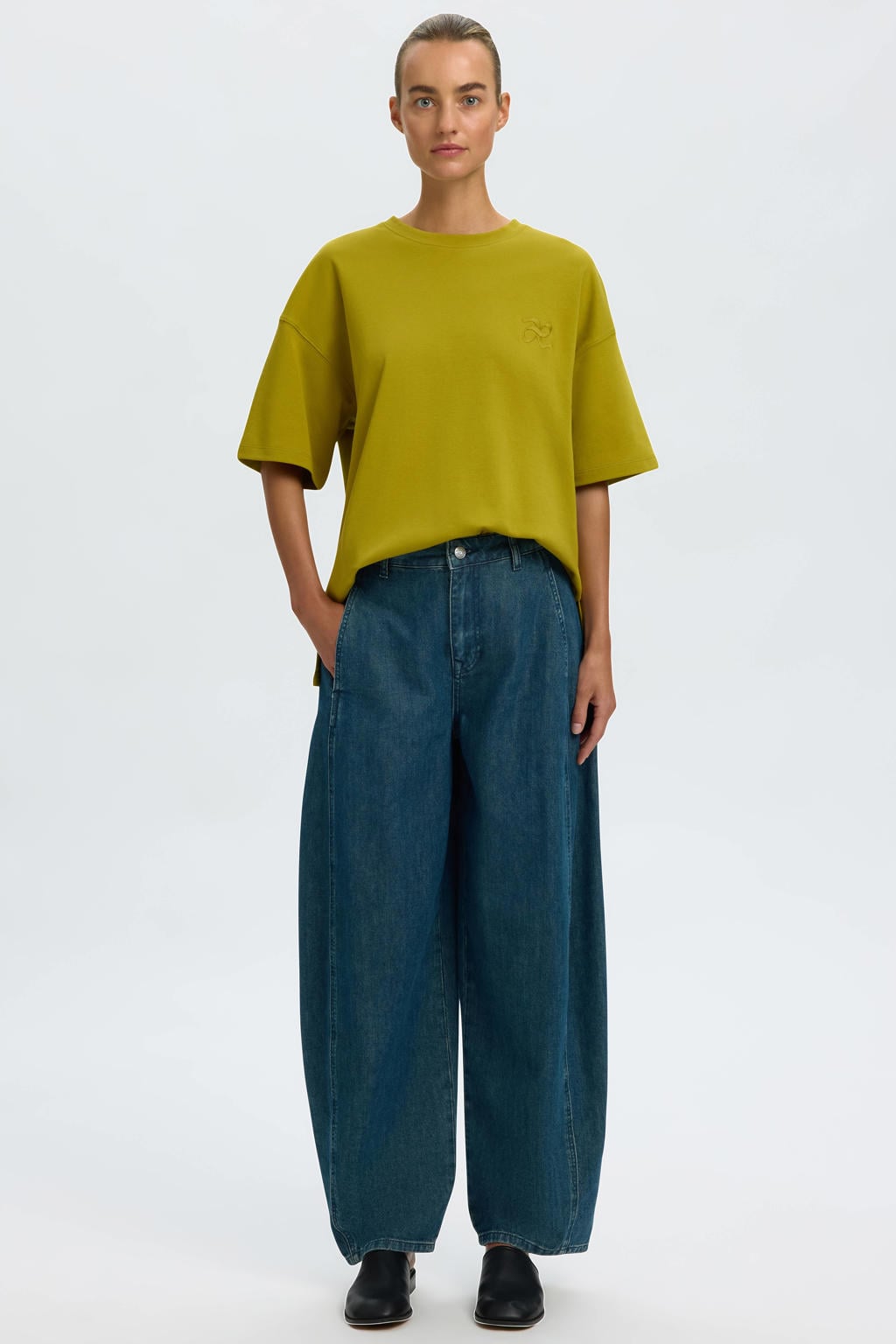 Groene dames Selected Women T-shirt van katoen met effen, korte mouwen, ronde hals en borduursels