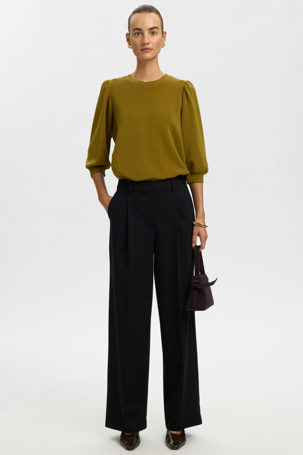 Groene dames Selected Women oversized sweater van modal met effen, driekwart mouwen, ronde hals en plooien