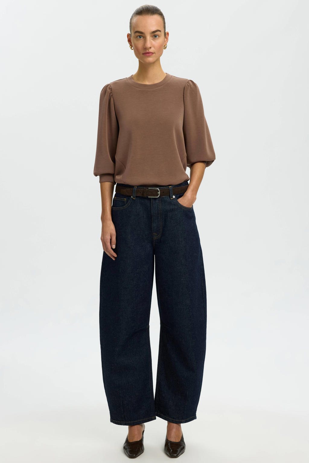 Bruine dames Selected Women oversized trui van modal met effen, driekwart mouwen, ronde hals en plooien
