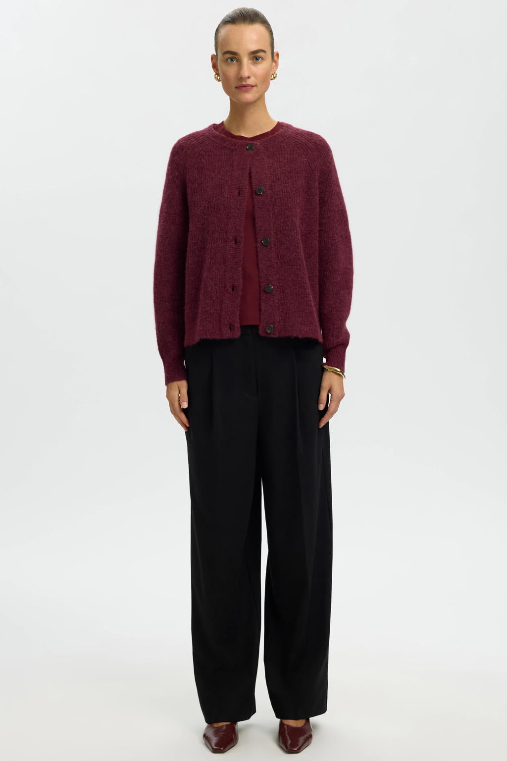 Selected Women rechtvallend gebreid vest met wol - donkerrood