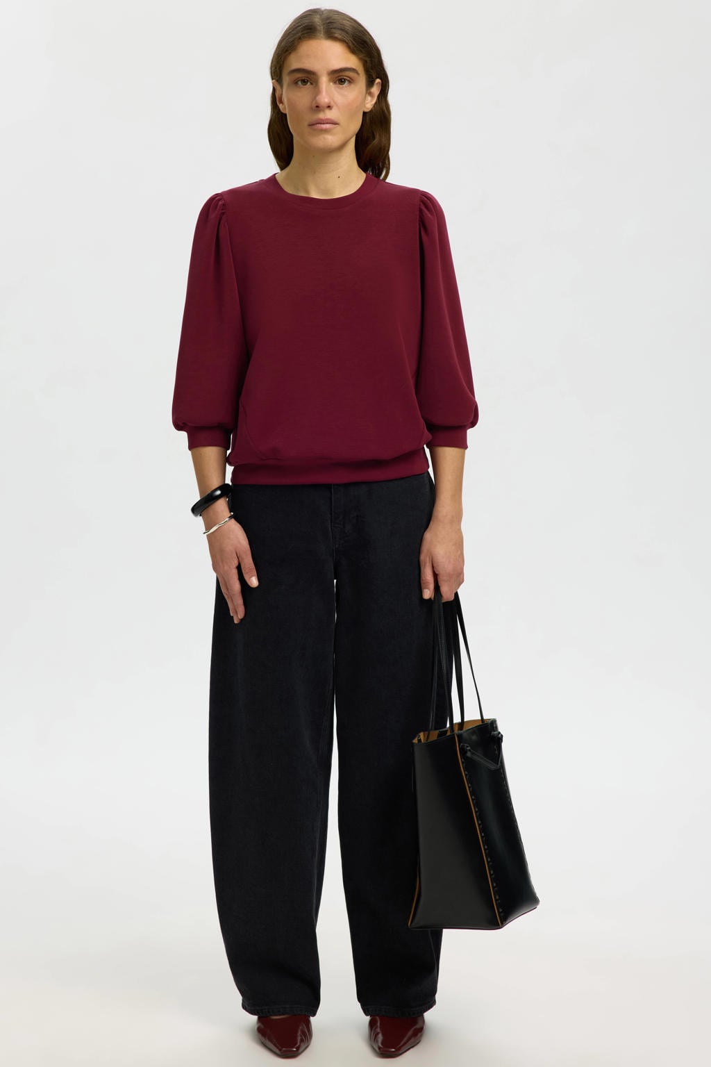 Donkerrode dames Selected Women oversized sweater van modal met effen, driekwart mouwen, ronde hals en plooien