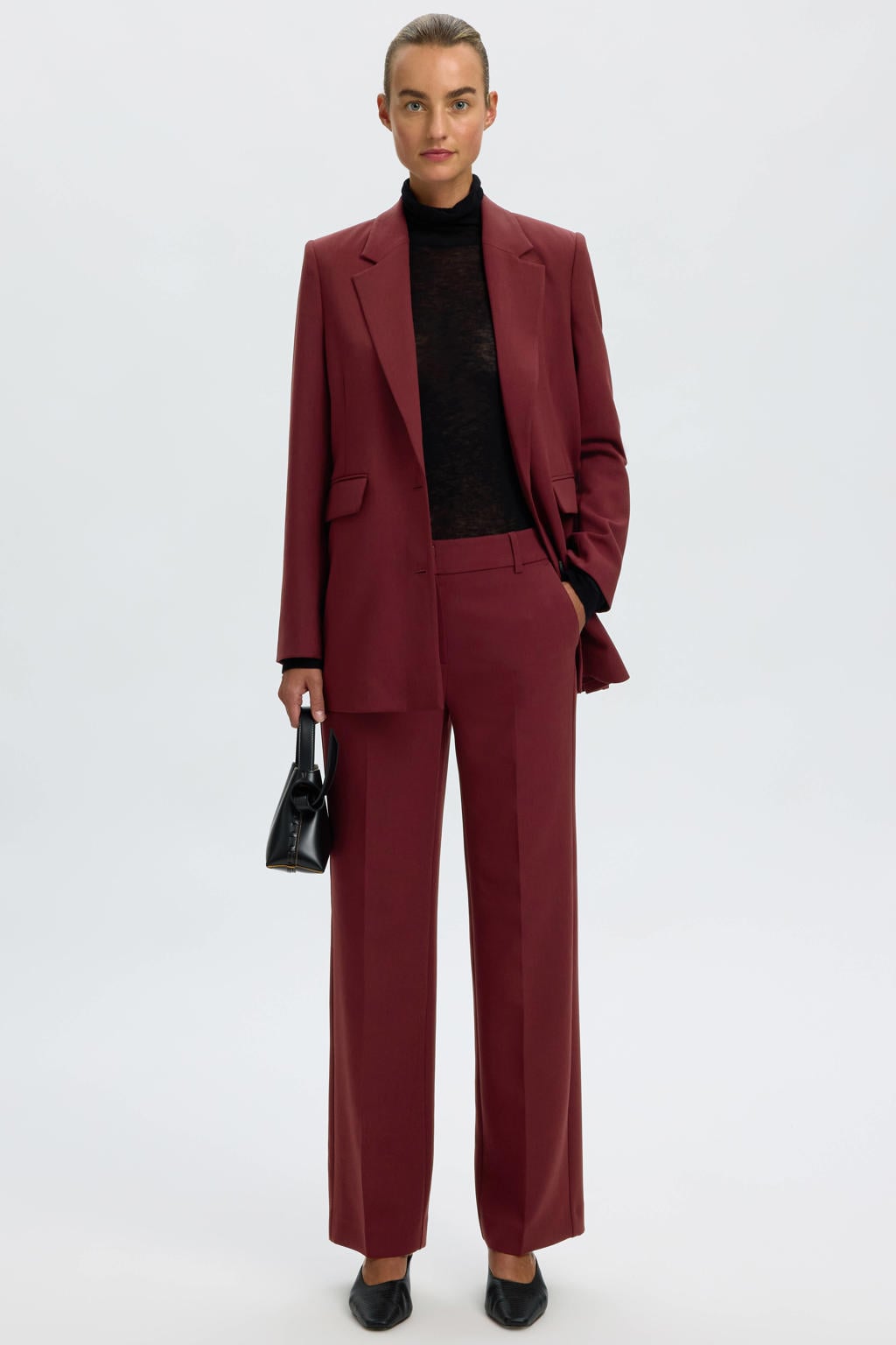 Donkerrode dames Selected wide leg casual broek met rits- en haaksluiting en effen