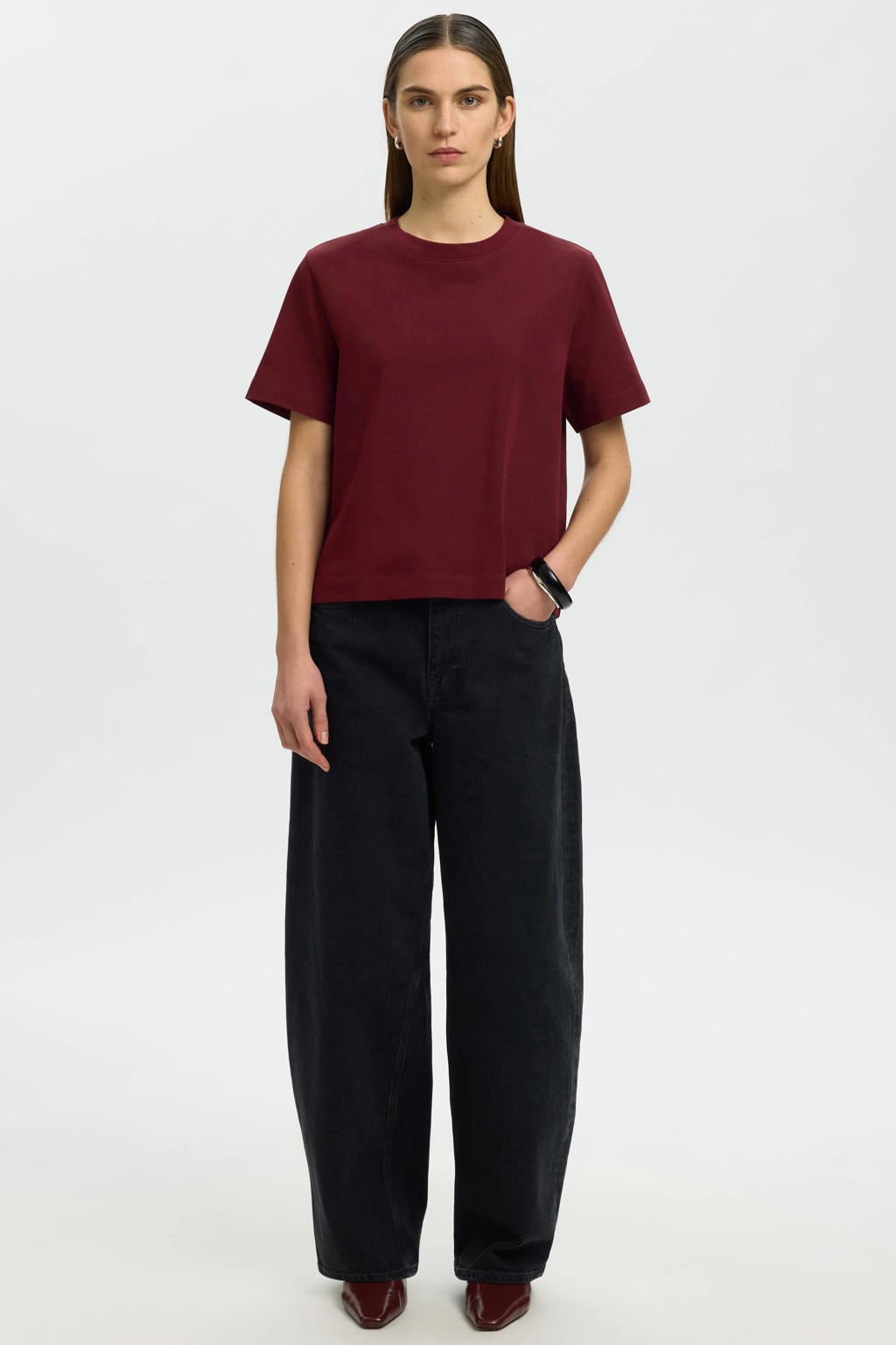 Donkerrode dames Selected Women oversized T-shirt van katoen met effen, korte mouwen en ronde hals