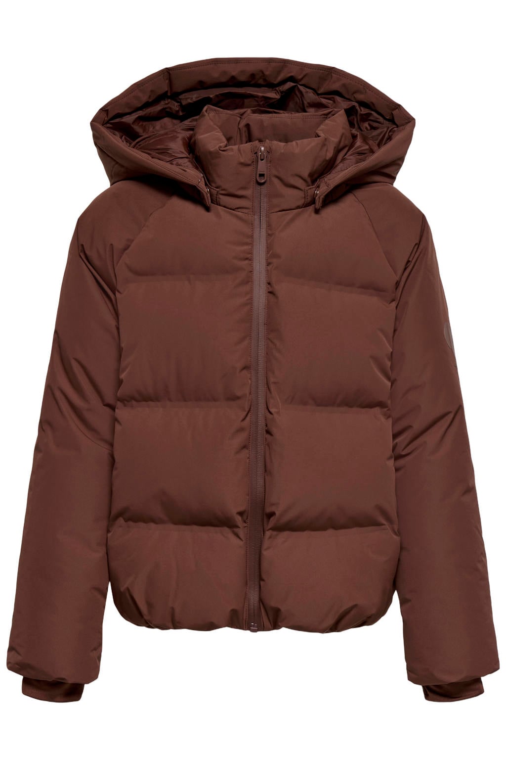 Bruine meisjes KIDS ONLY GIRL pufferjas van polyester met effen, lange mouwen, capuchon en ritssluiting