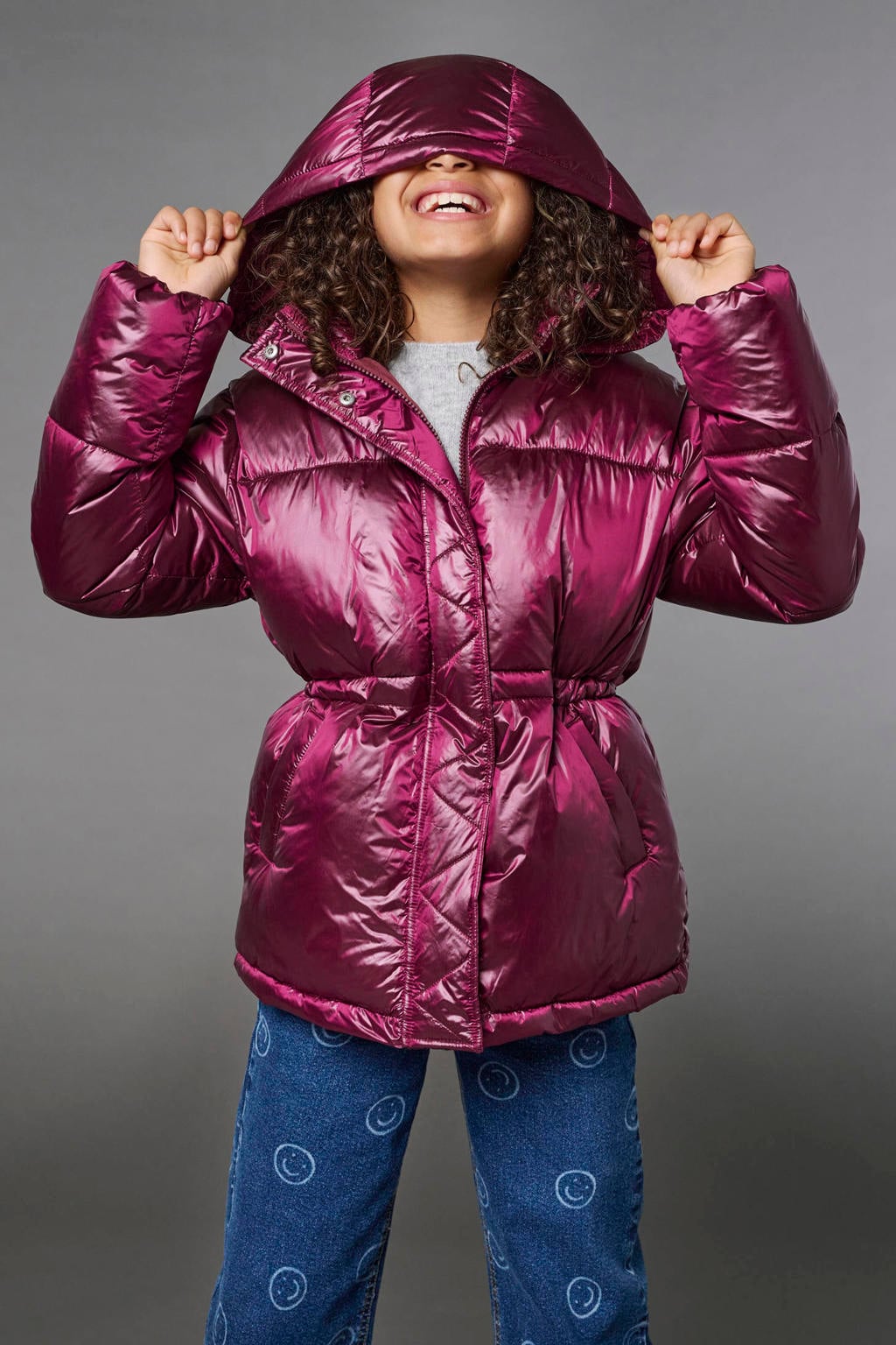 Paarse meisjes KIDS ONLY GIRL van nylon met effen, lange mouwen, capuchon, rits- en drukknoopsluiting en glimmend detail