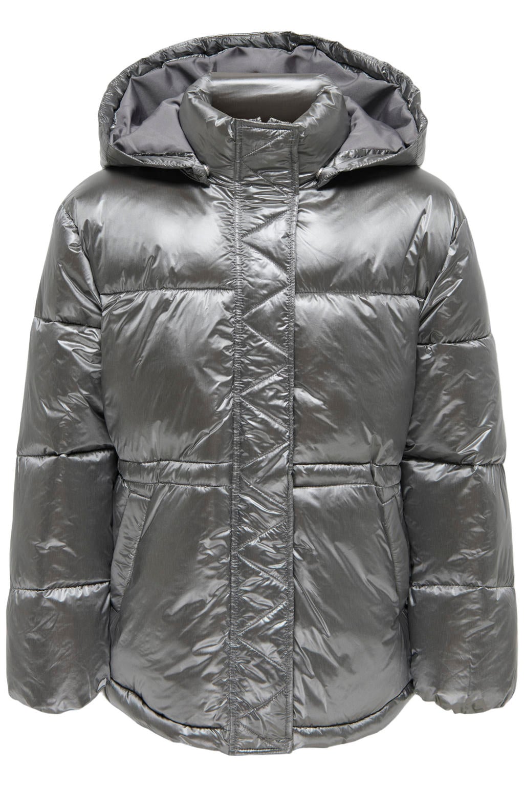 Zilverkleurige meisjes KIDS ONLY GIRL van nylon met effen, lange mouwen, capuchon, rits- en drukknoopsluiting en glimmend detail