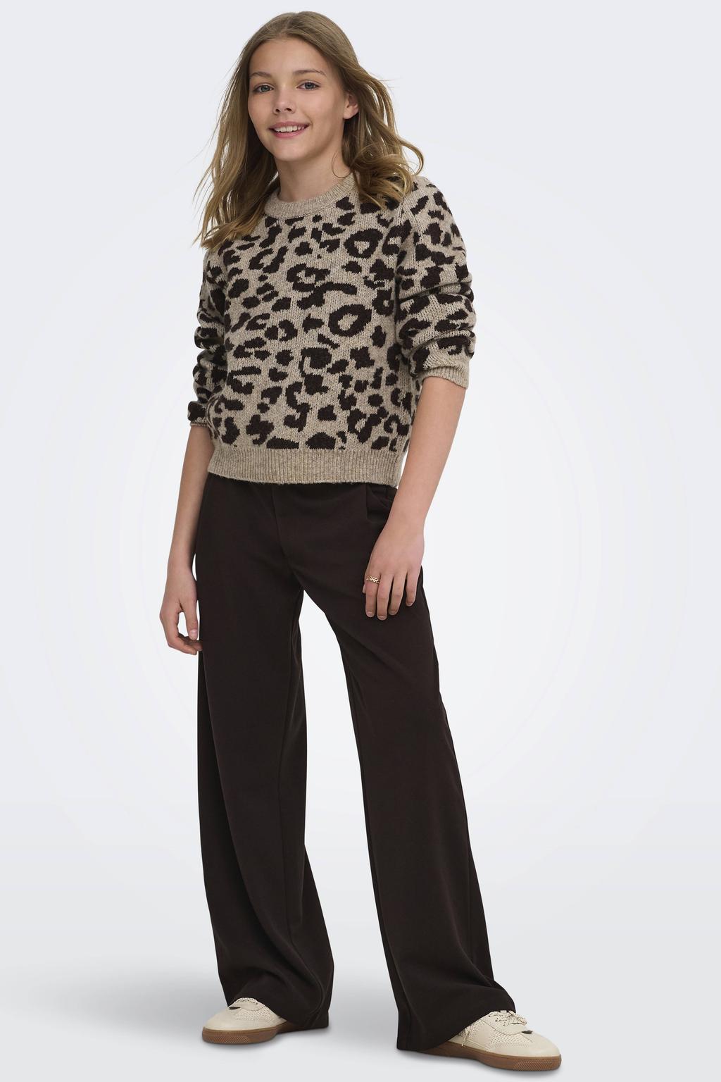 Zand en bruine meisjes KIDS ONLY GIRL gebreide trui en wol met panterprint, lange mouwen en ronde hals